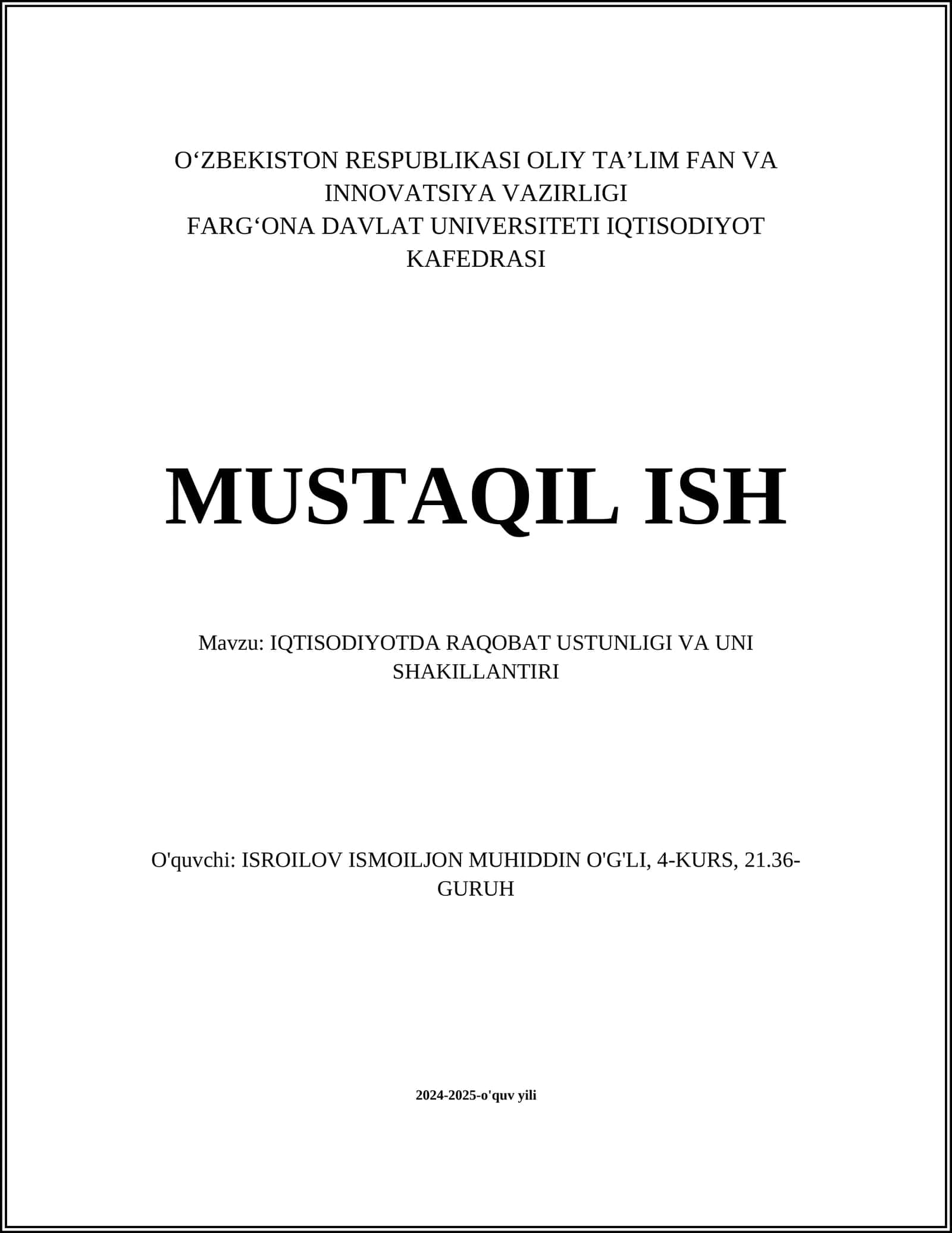 IQTISODIYOTDA RAQOBAT USTUNLIGI VA UNI SHAKILLANTIRI