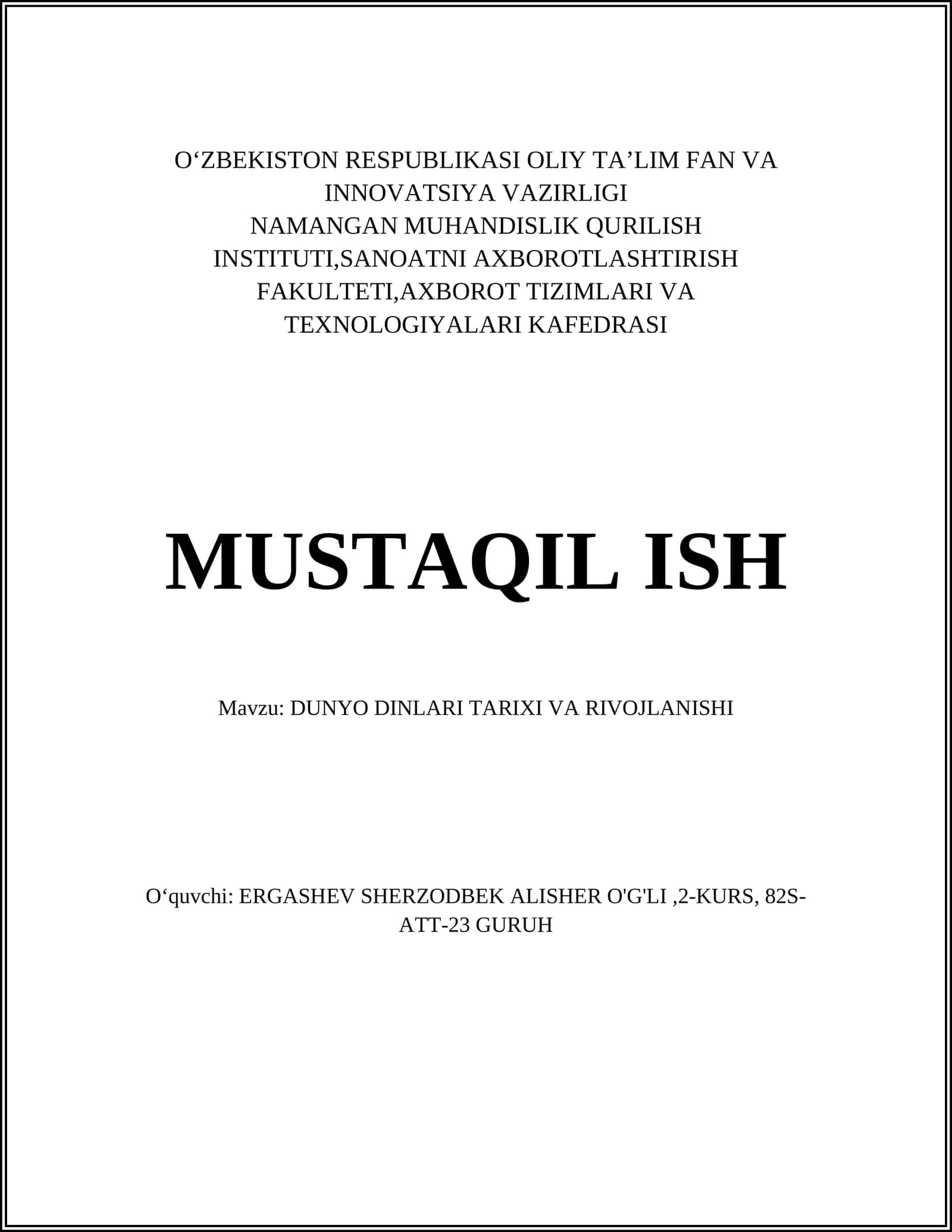 DUNYO DINLARI TARIXI VA RIVOJLANISHI