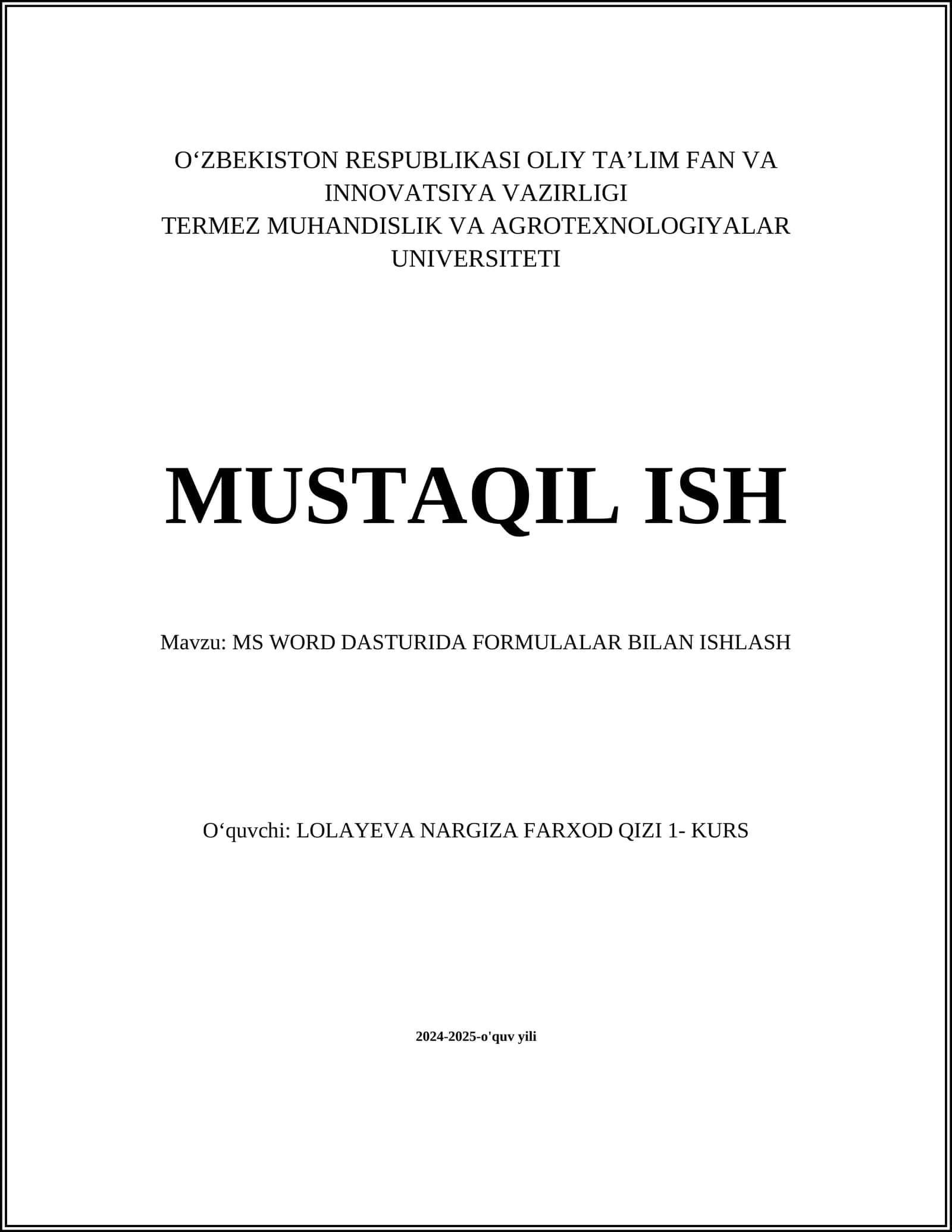 MS WORD DASTURIDA FORMULALAR BILAN ISHLASH