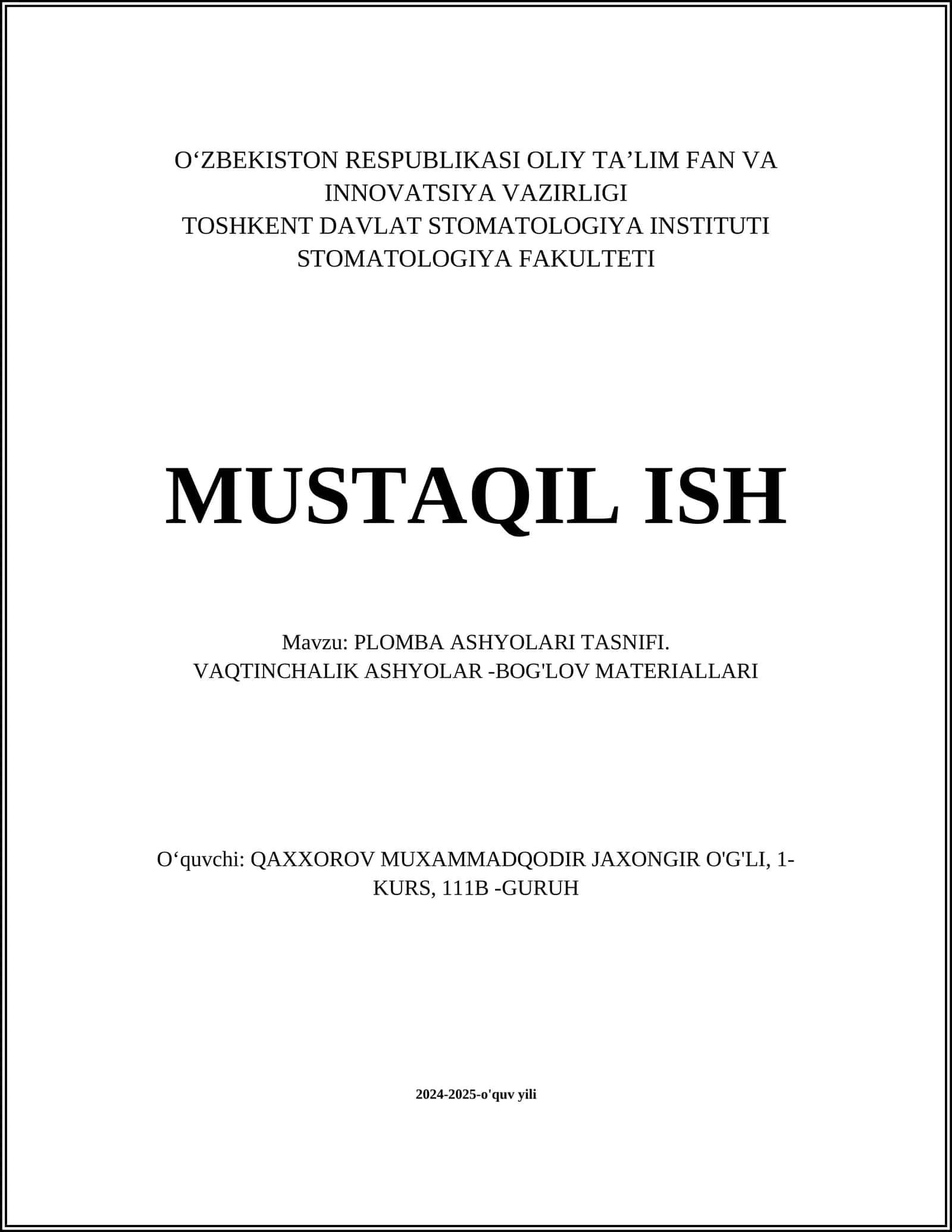 PLOMBA ASHYOLARI TASNIFI
