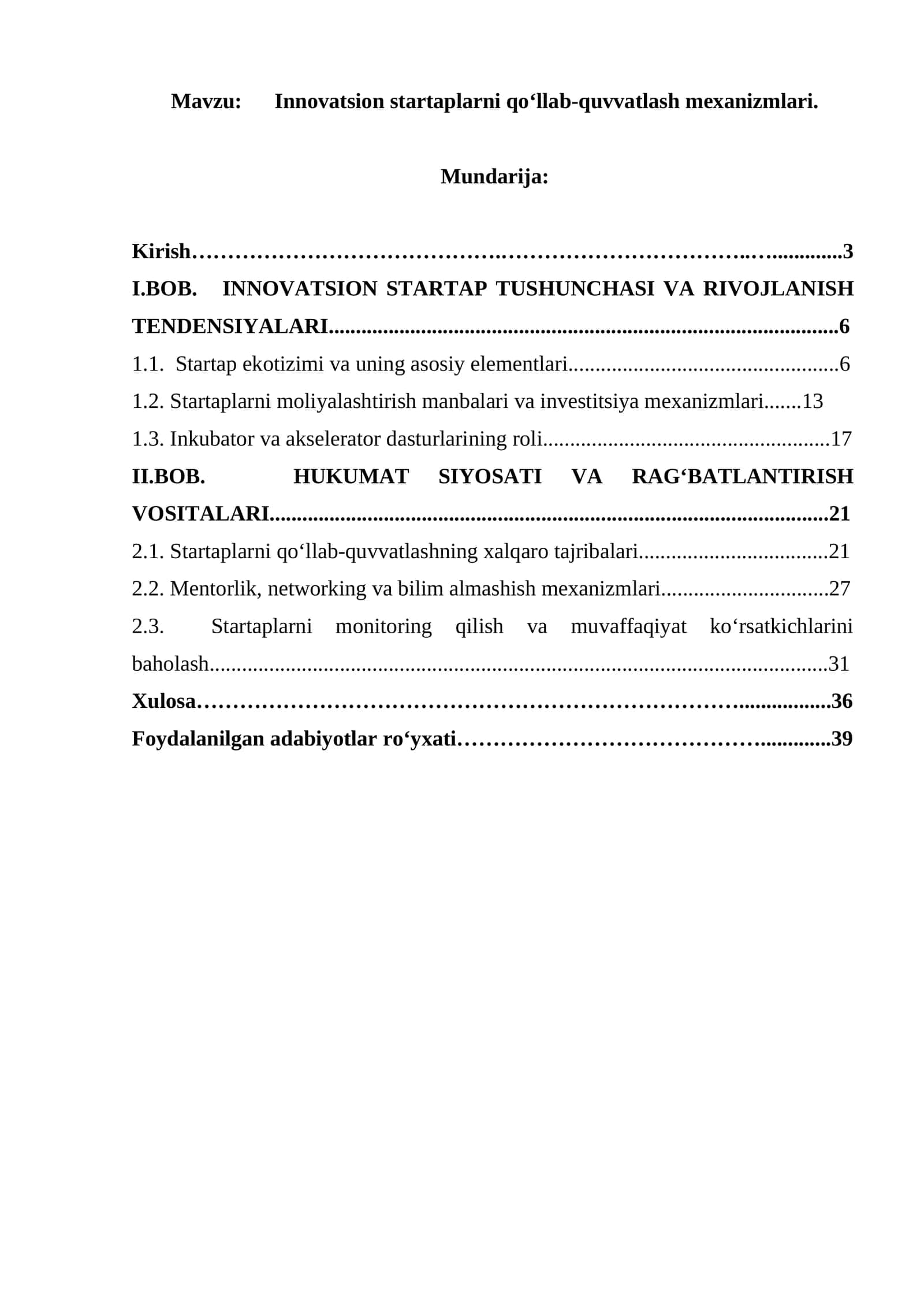 Innovatsion startaplarni qo‘llab-quvvatlash mexanizmlari