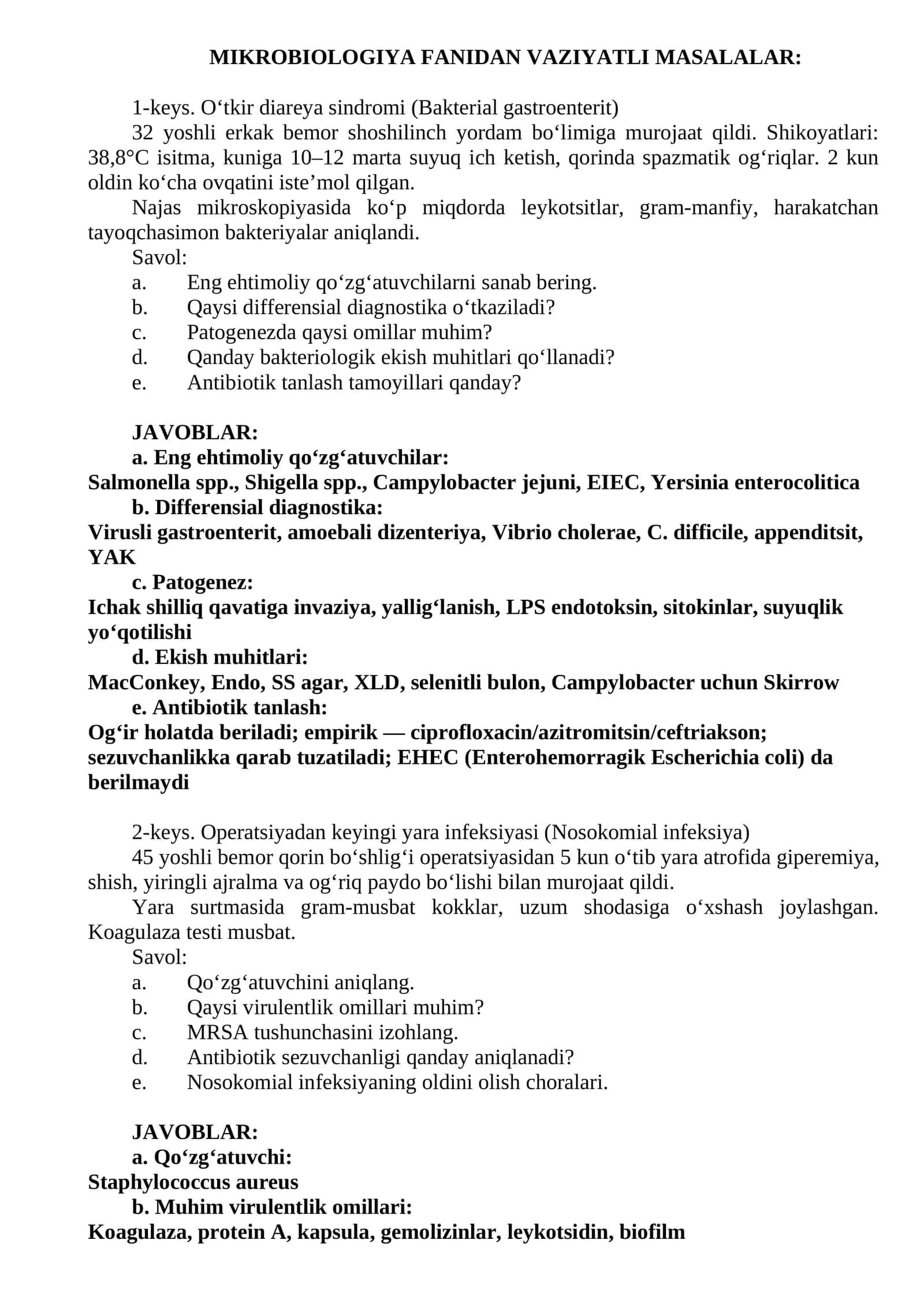 MIKROBIOLOGIYA FANIDAN VAZIYATLI MASALALAR