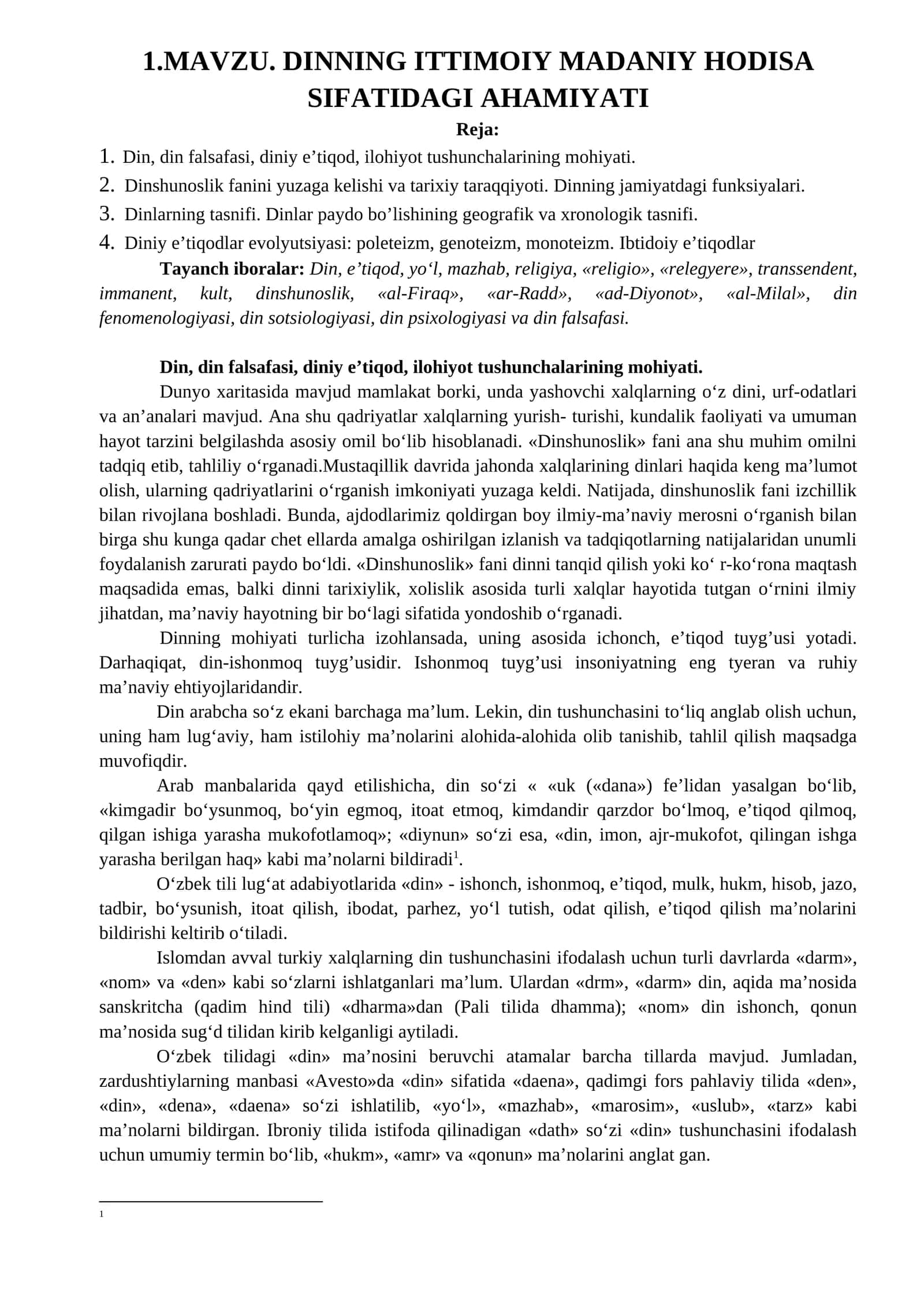 DINING ITTIFOQIY MADANIY HODISASI SIFATIDAGI AHAMIYATI