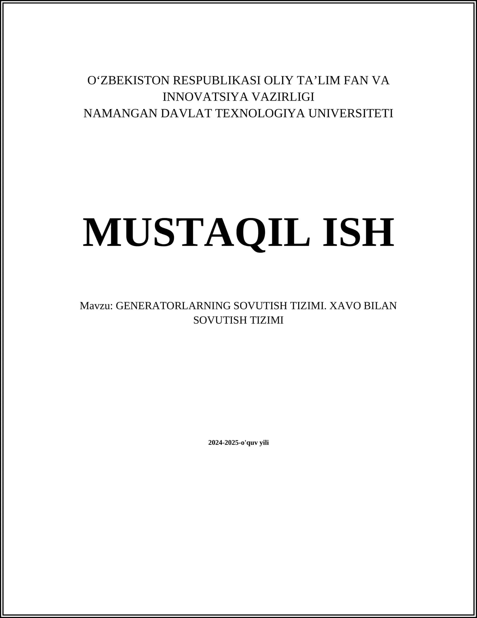 GENERATORLARNING SOVUTISH TIZIMI. XAVO BILAN SOVUTISH TIZIMI