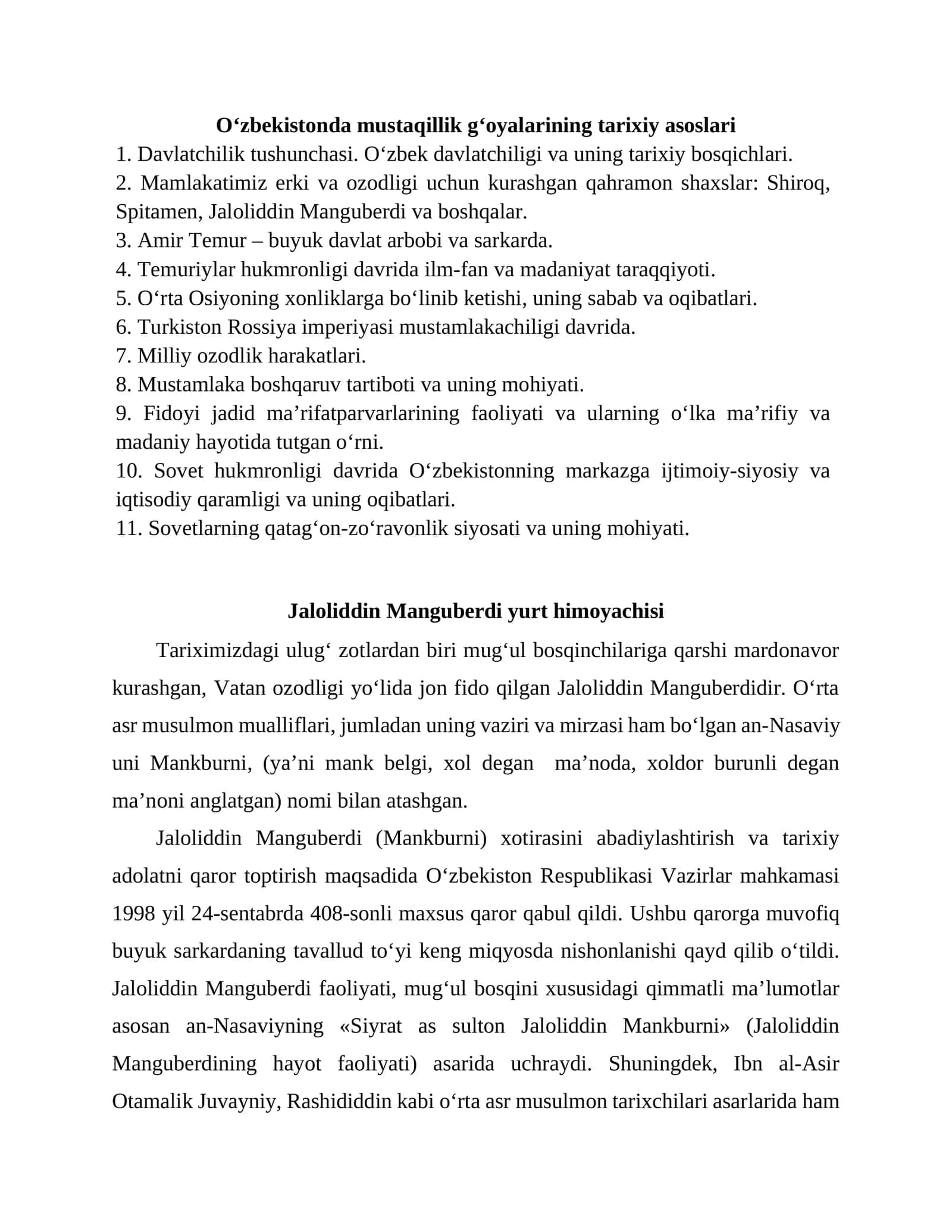 O‘zbekistonda mustaqillik g‘oyalarining tarixiy asoslari