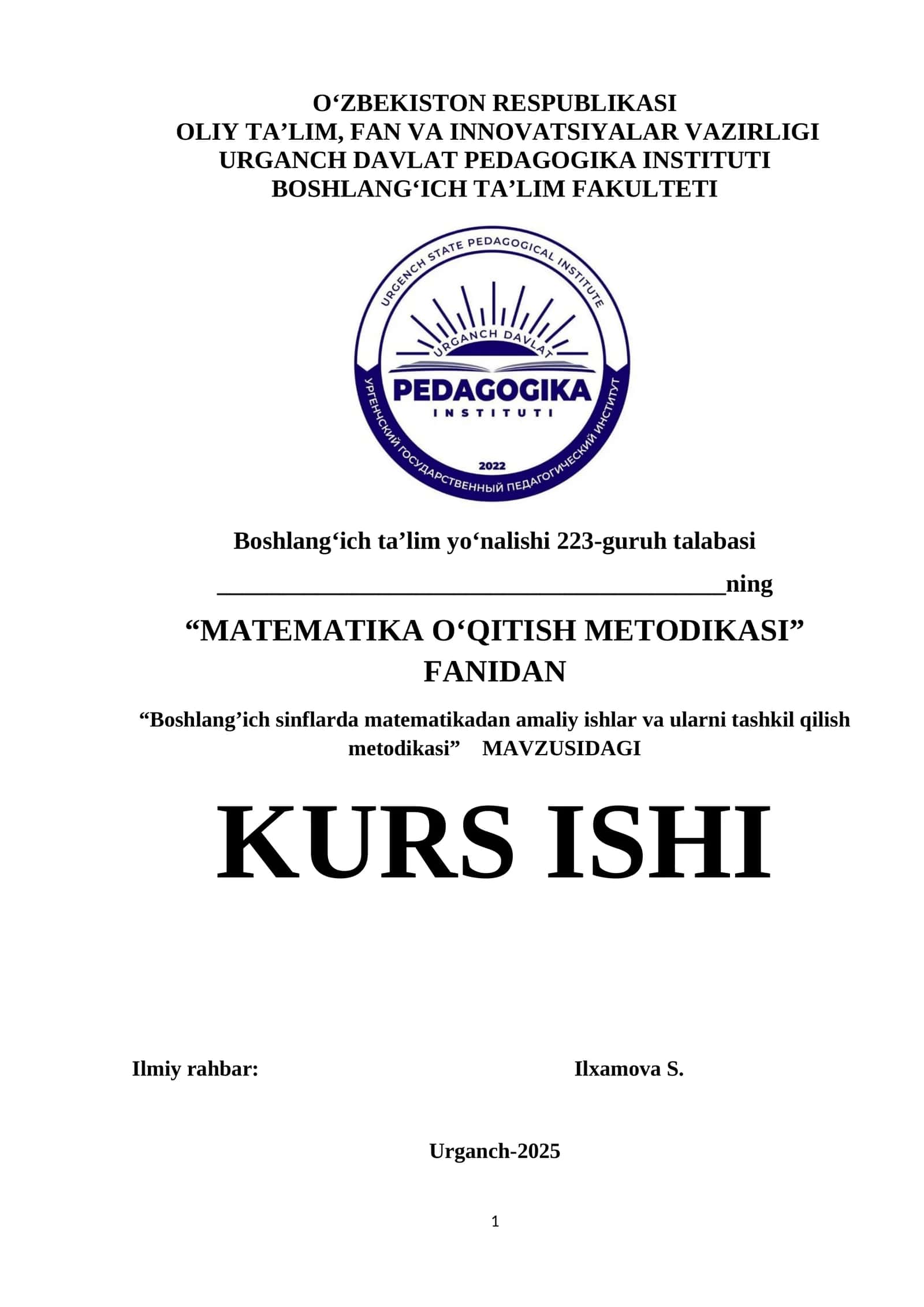 Boshlang’ich sinflarda matematikadan amaliy ishlar va ularni tashkil qilish metodikasi