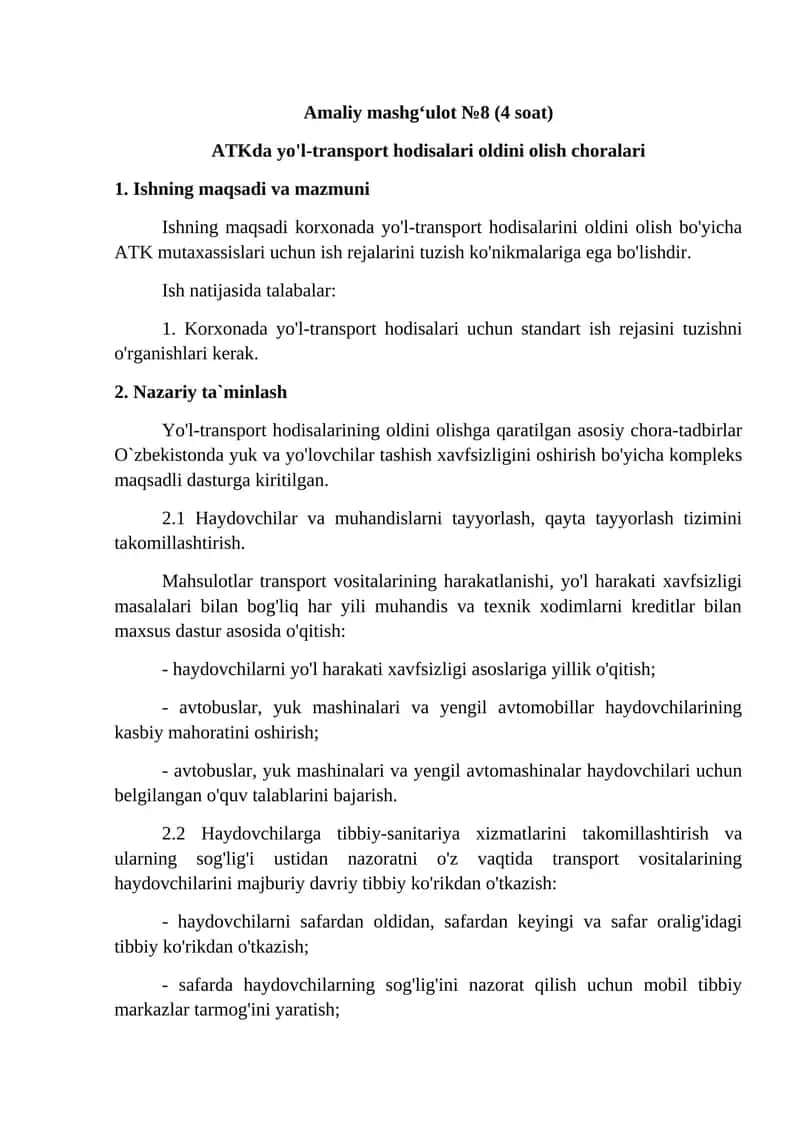 Amaliy mashg‘ulot №8 (4 soat)