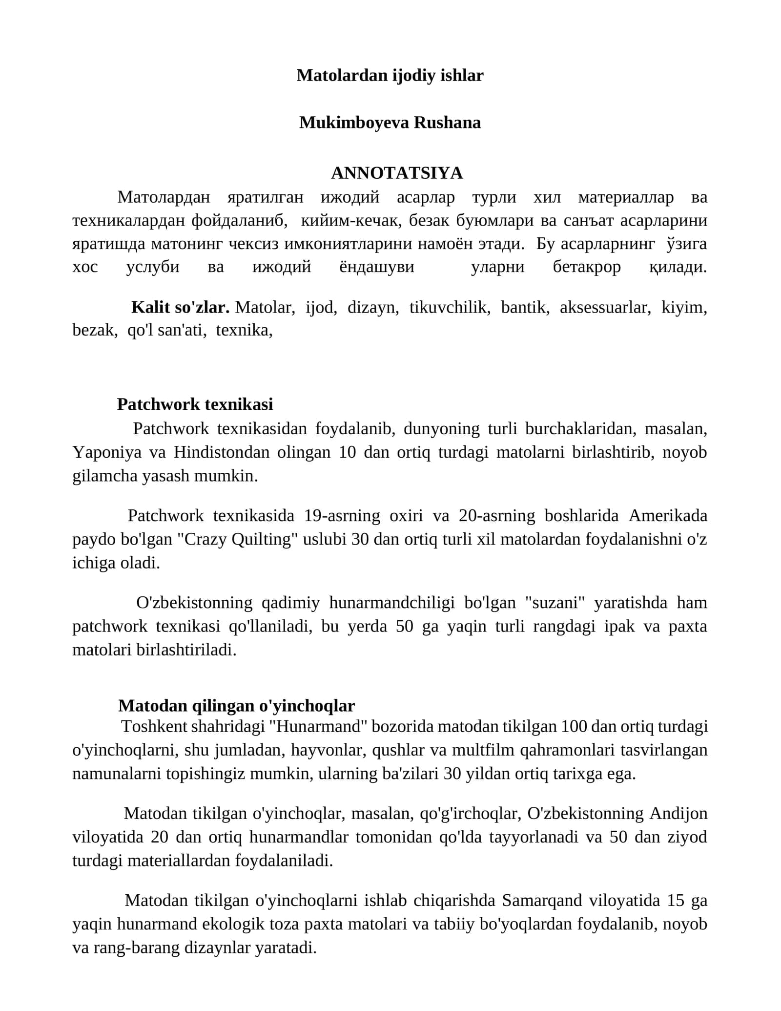 Matolardan ijodiy ishlar