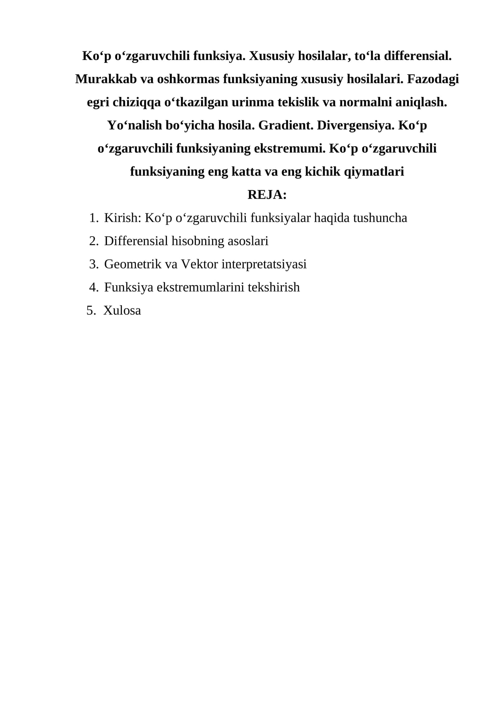 Ko‘p o‘zgaruvchili funksiya. Xususiy hosilalar, to‘la differensial