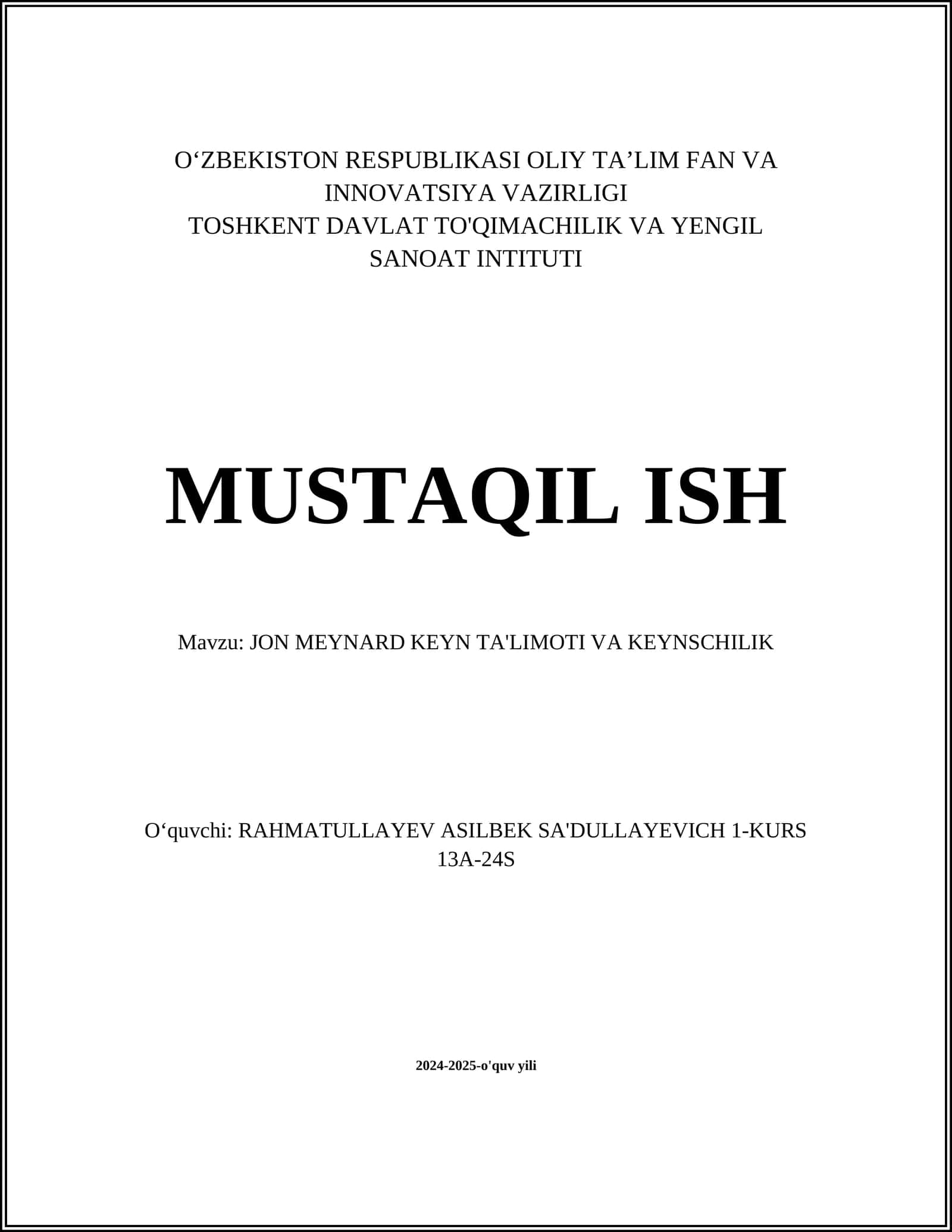 JON MEYNARD KEYN TA'LIMOTI VA KEYNSCHILIK