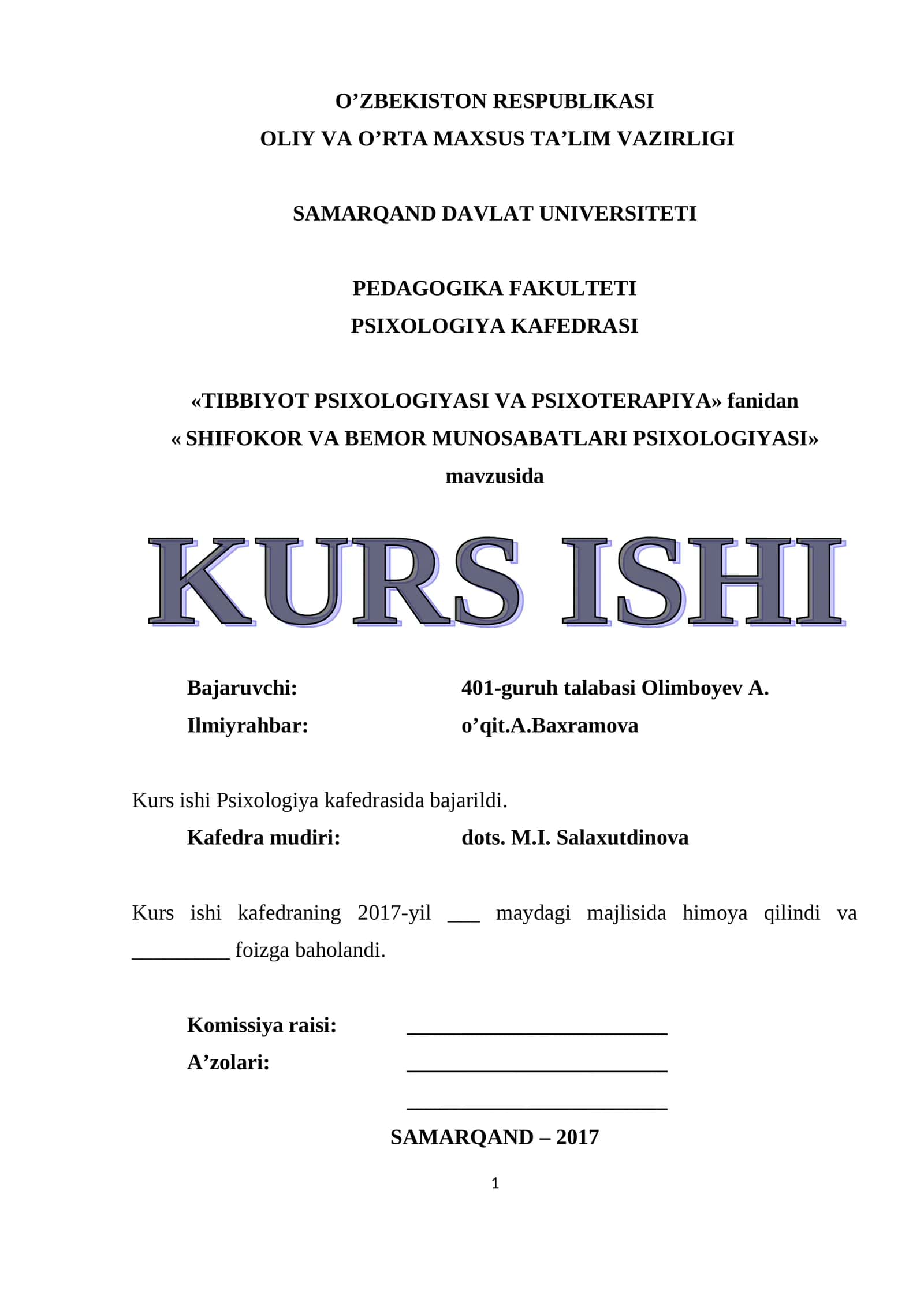 SHIFOKOR VA BEMOR MUNOSABATLARI PSIXOLOGIYASI