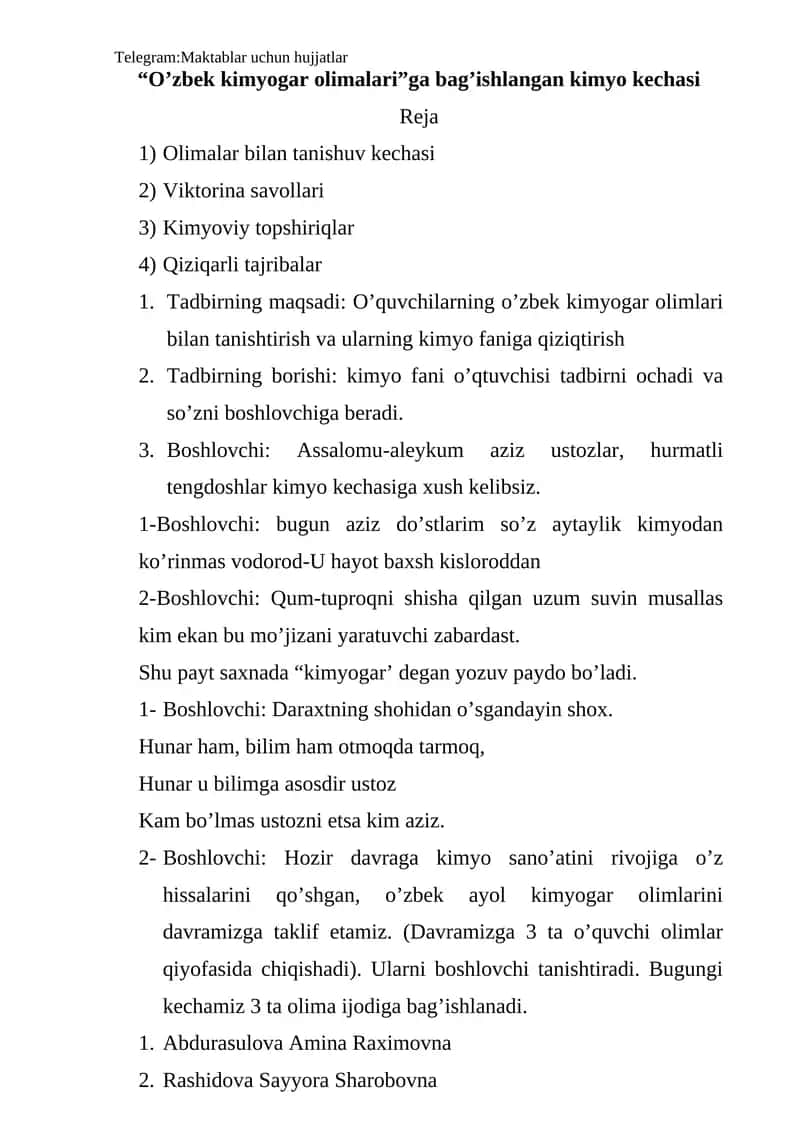O’zbek kimyogar olimalari