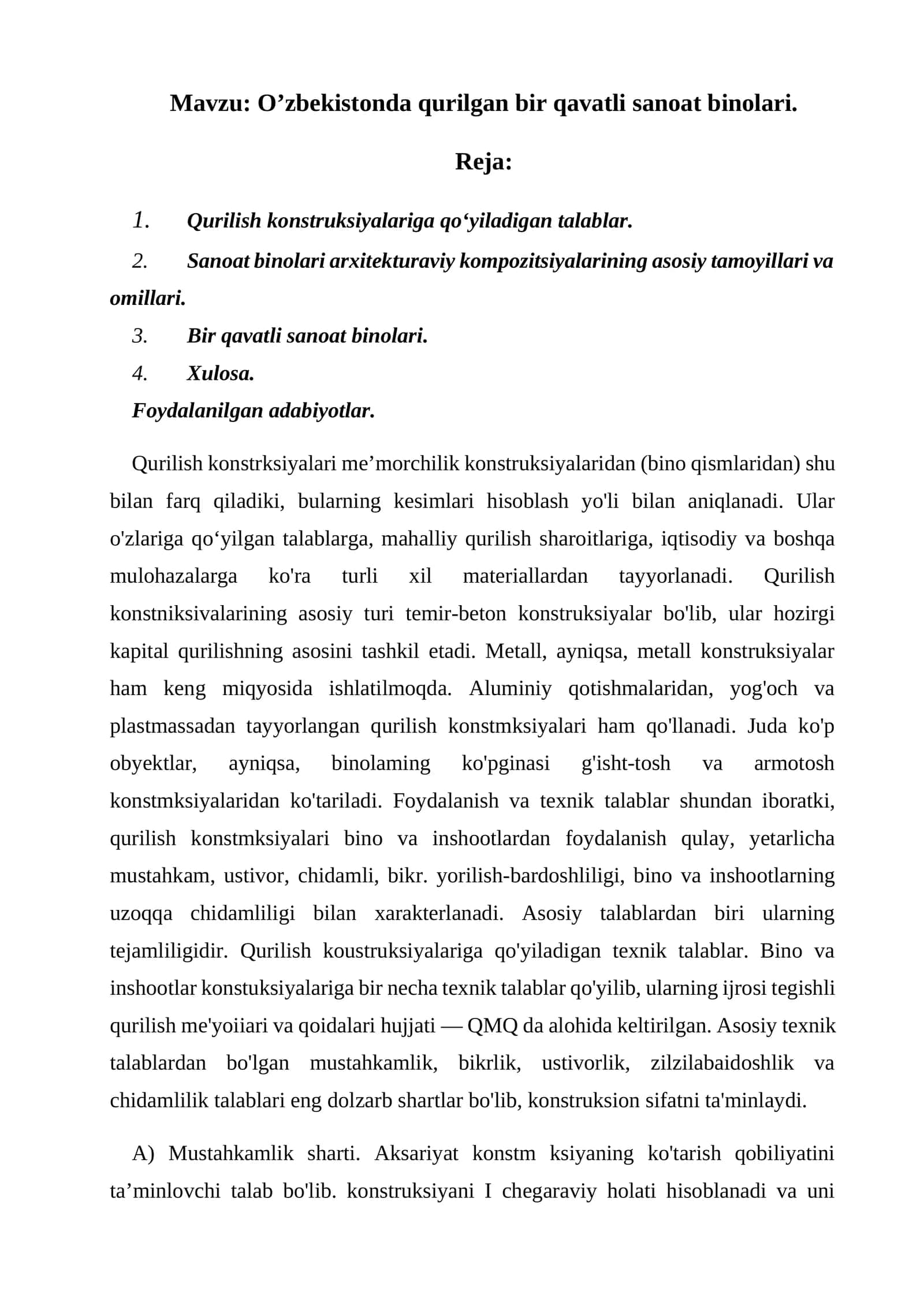 O’zbekistonda qurilgan bir qavatli sanoat binolari