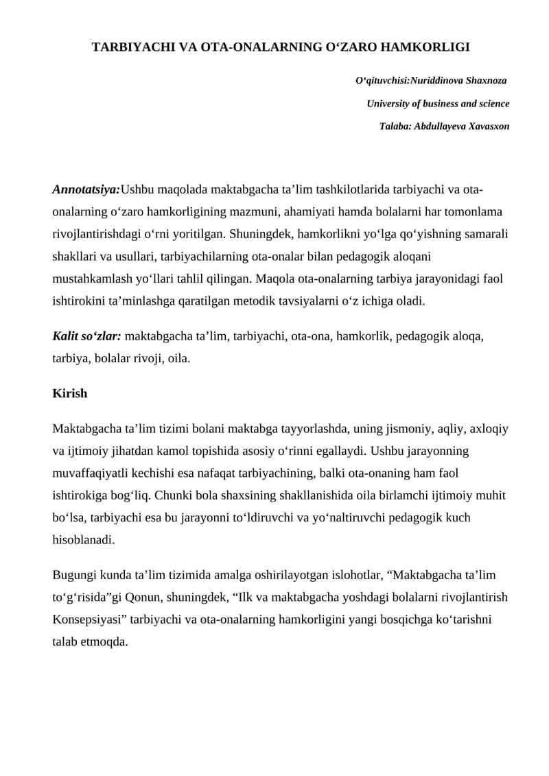 TARBIYACHI VA OTA-ONALARNING O‘ZARO HAMKORLIGI