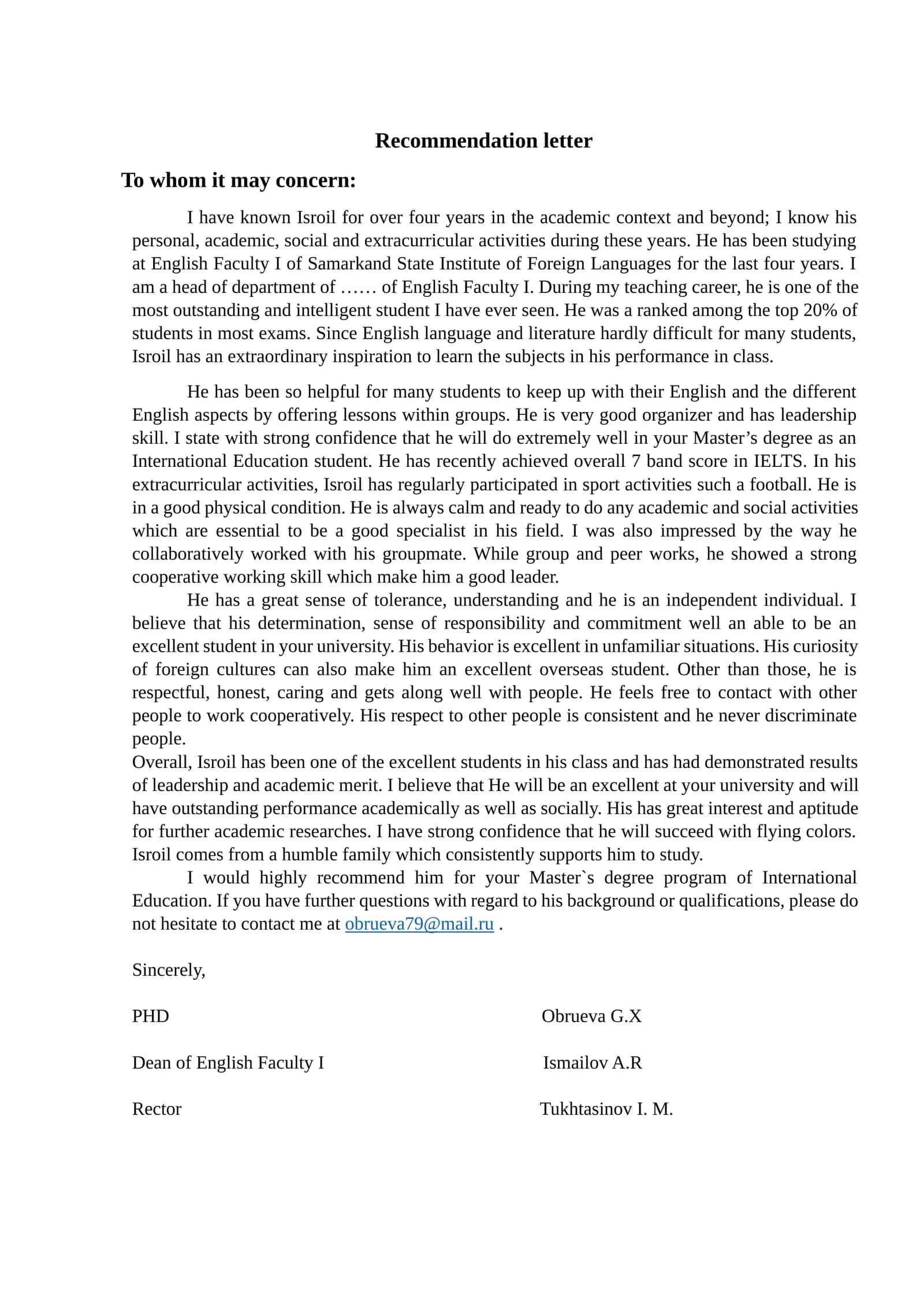 Recommendation letter