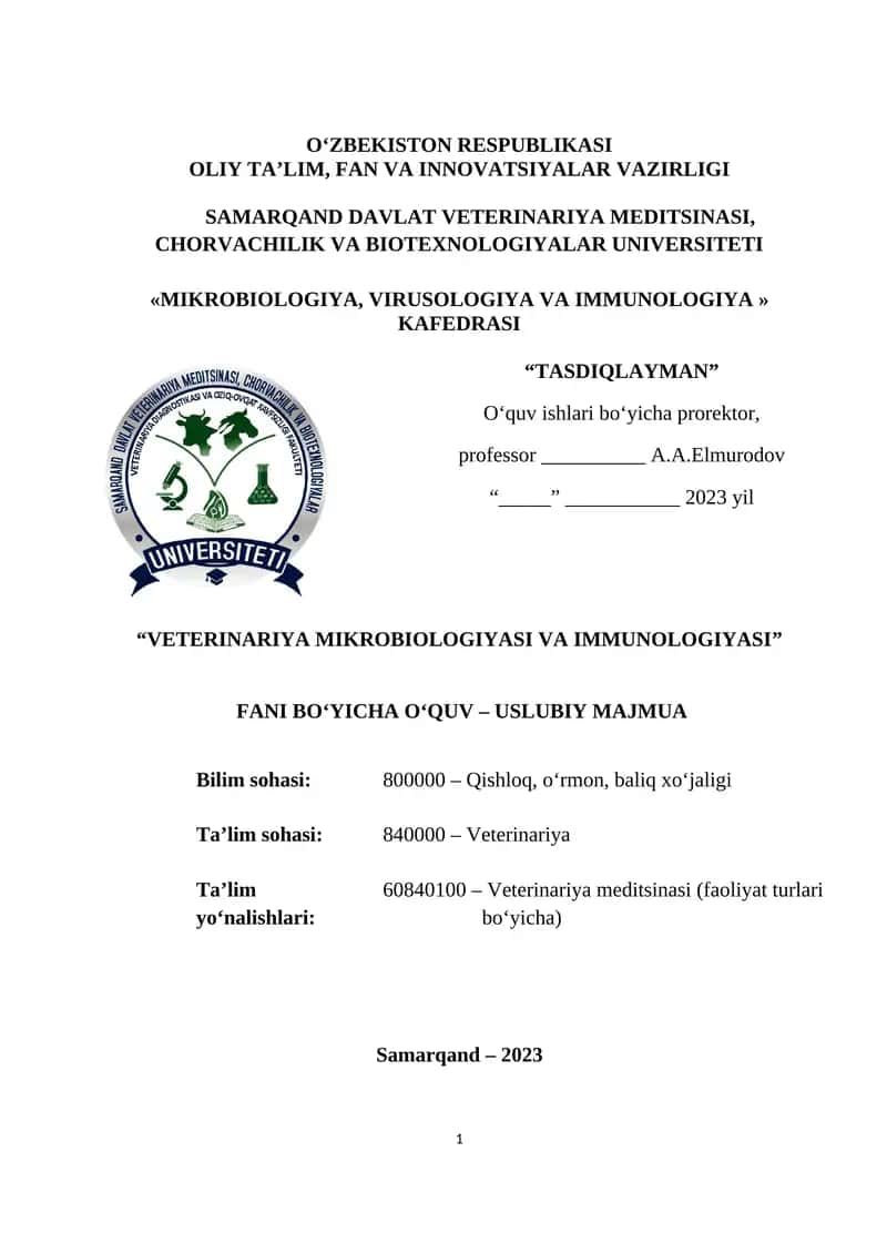 VETERINARIYA MIKROBIOLOGIYASI VA IMMUNOLOGIYASI