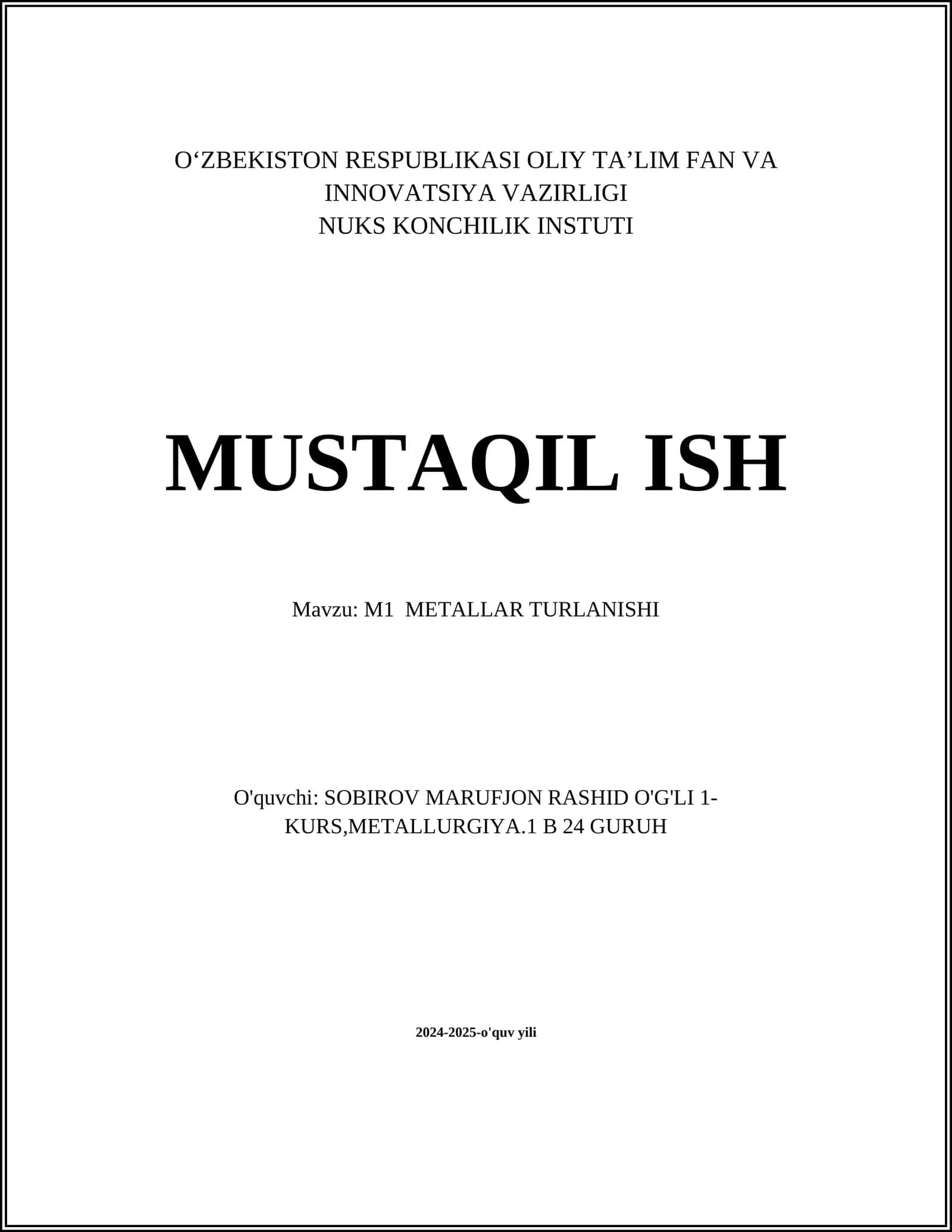 M1 METALLAR TURLANISHI
