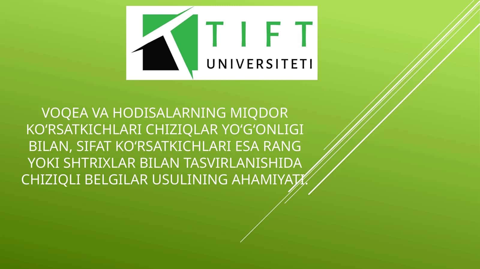 VOqea va hodisalarning miqdor ko‘rsatkichlari chiziqlar yo‘g‘onligi bilan, sifat ko‘rsatkichlari esa rang yoki shtrixlar bilan tasvirlanishida chiziqli belgilar usulining ahamiyati