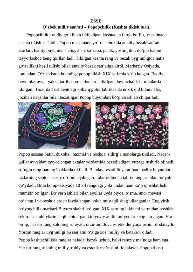 O’zbek milliy san’ati – Popopchilik (Kashta tikish turi).