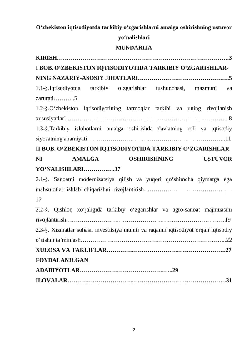 O‘zbekiston iqtisodiyotda tarkibiy o‘zgarishlarni amalga oshirishning ustuvor yo‘nalishlari