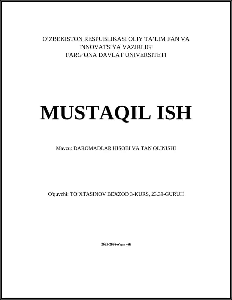 DAROMADLAR HISOBI VA TAN OLINISHI