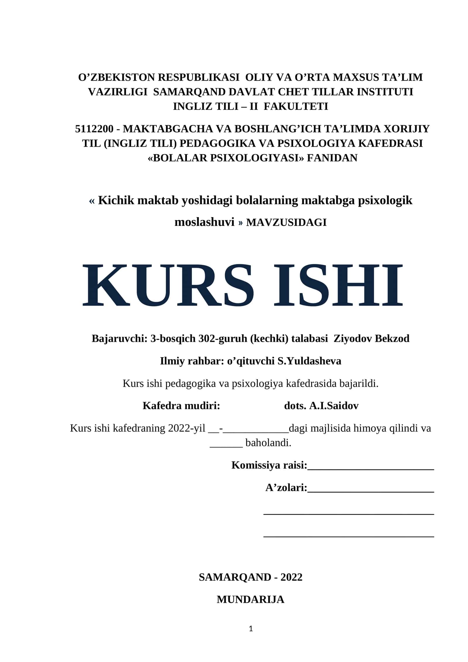 Kichik maktab yoshidagi bolalarning maktabga psixologik moslashuvi
