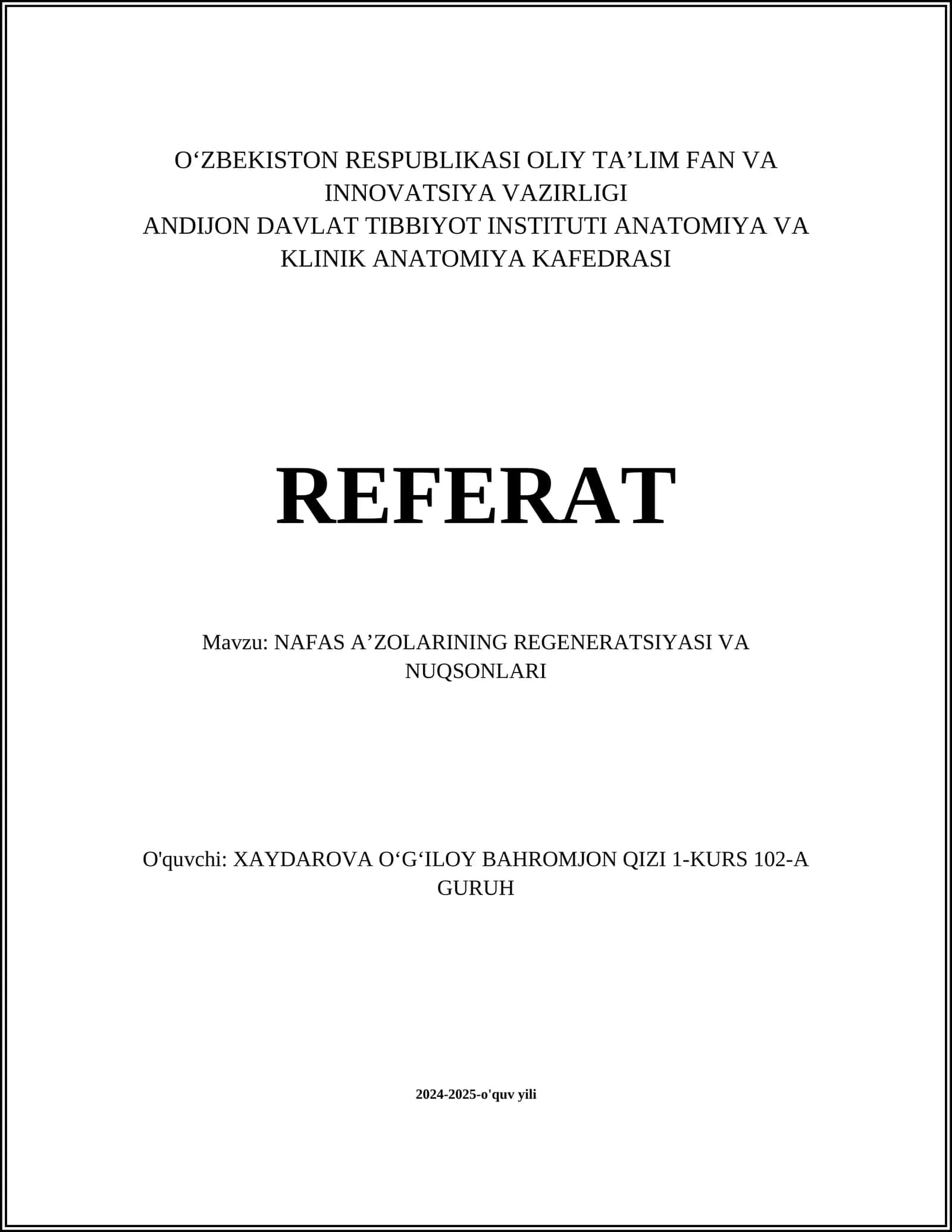 NAFAS AʼZOLARINING REGENERATSIYASI VA NUQSONLARI