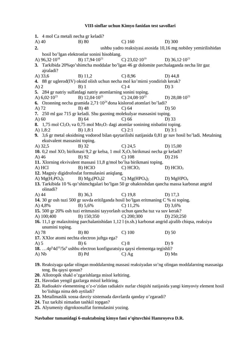 VIII-sinflar uchun Kimyo fanidan test savollari