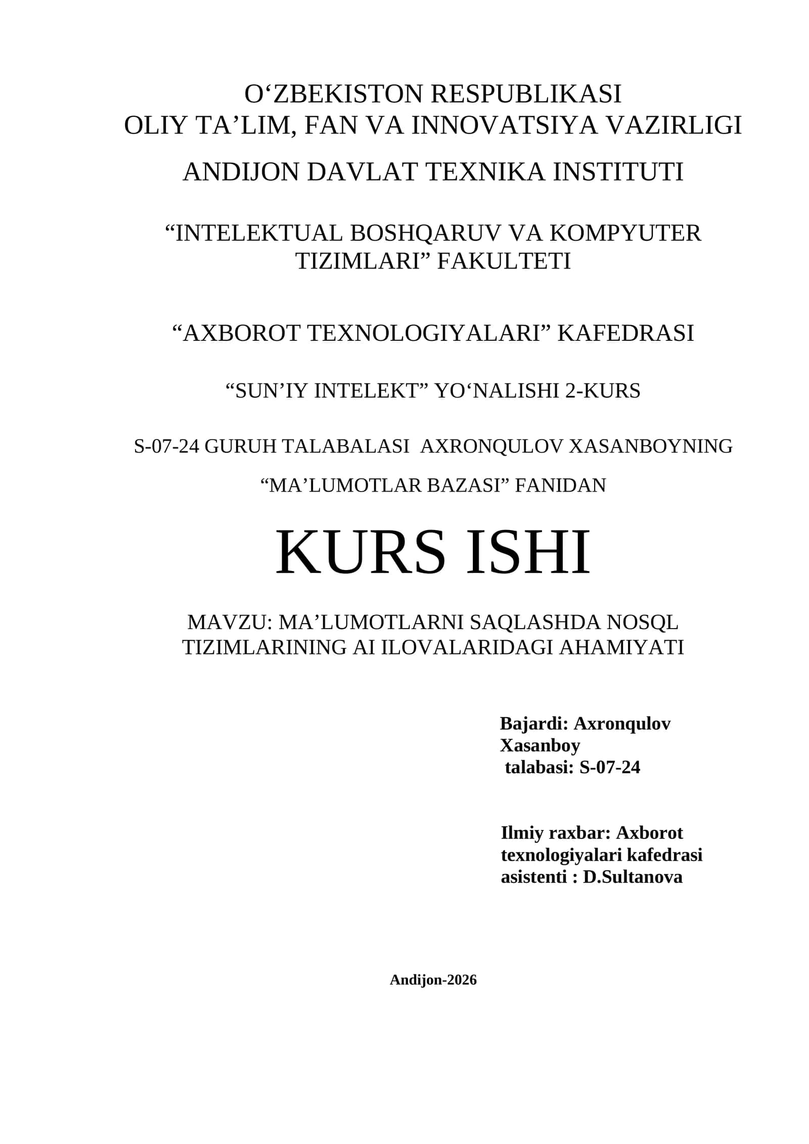 MA’LUMOTLARNI SAQLASHDA NOSQL TIZIMLARINING AI ILOVALARIDAGI AHAMIYATI