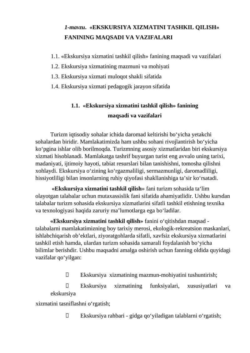 Ekskursiya xizmatini tashkil qilish