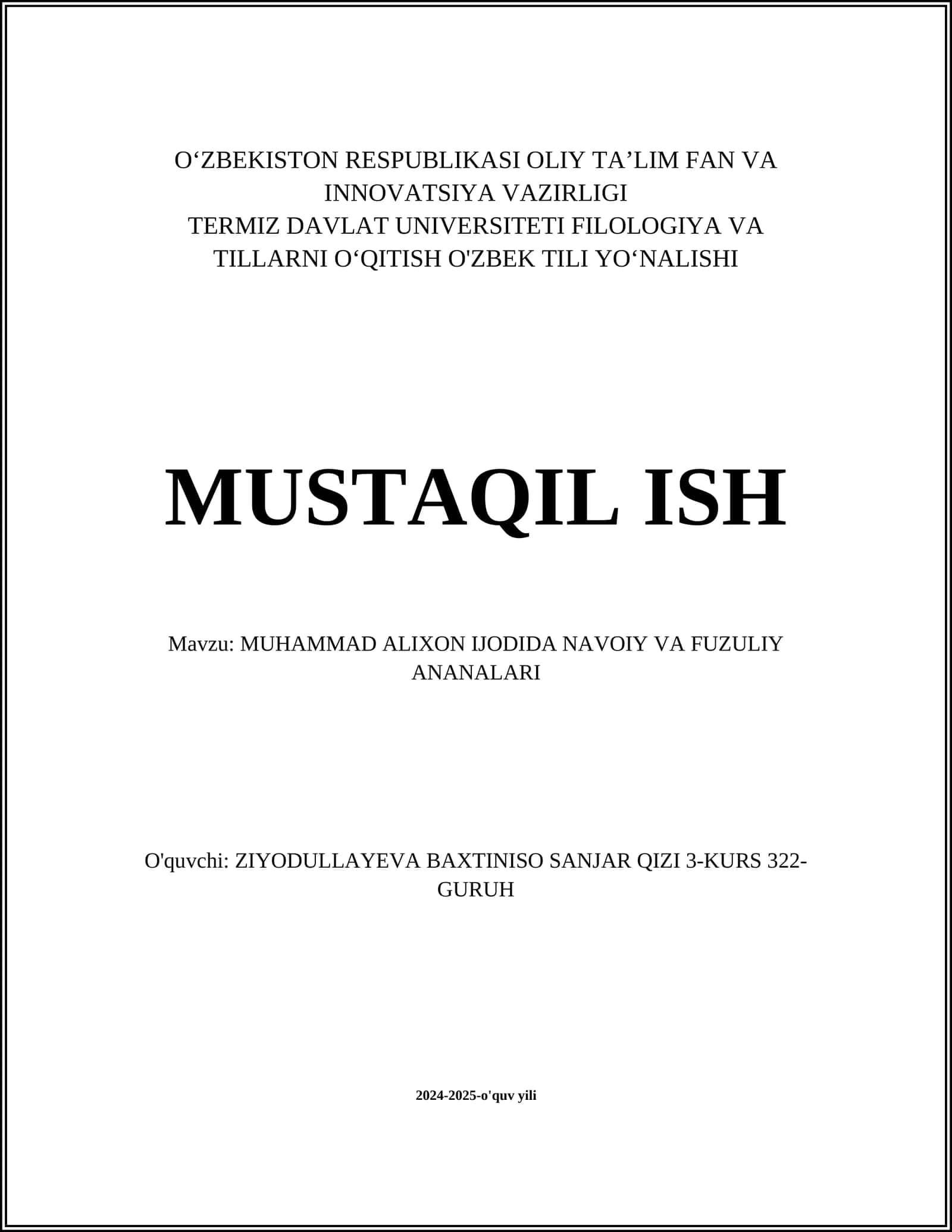 MUHAMMAD ALIXON IJODIDA NAVOIY VA FUZULIY ANANALARI
