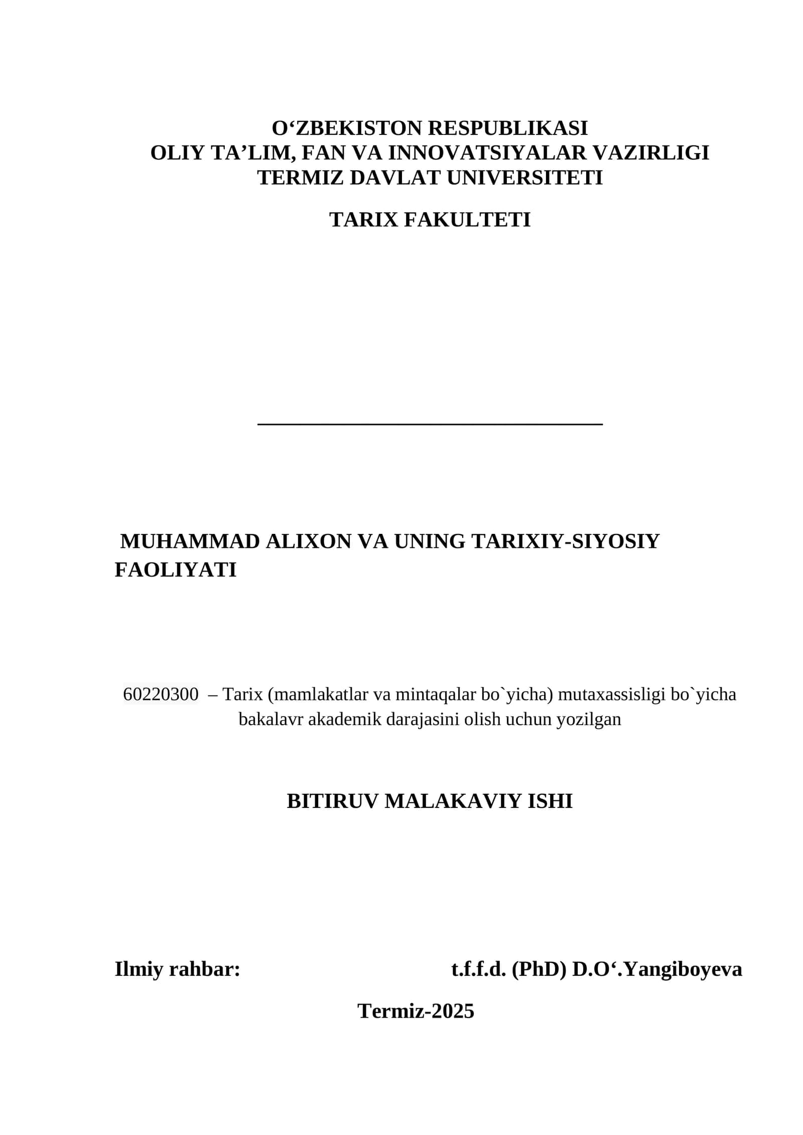 MUHAMMAD ALIXON VA UNING TARIXIY-SIYOSIY       FAOLIYATI