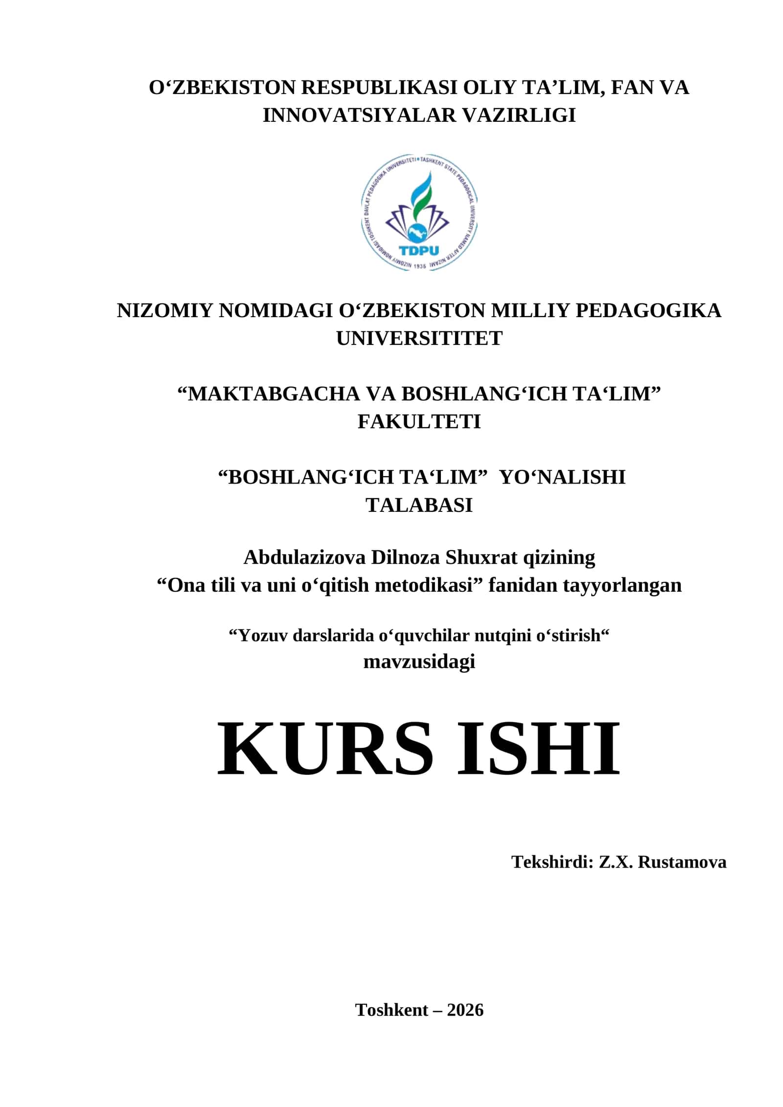 Yozuv darslarida o‘quvchilar nutqini o‘stirish