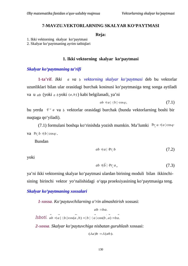 Vektorlarning skalyar ko‘paytmasi