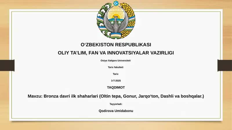 Bronza davri ilk shaharlari (Oltin tepa, Gonur, Jarqoʻton, Dashli va boshqalar)