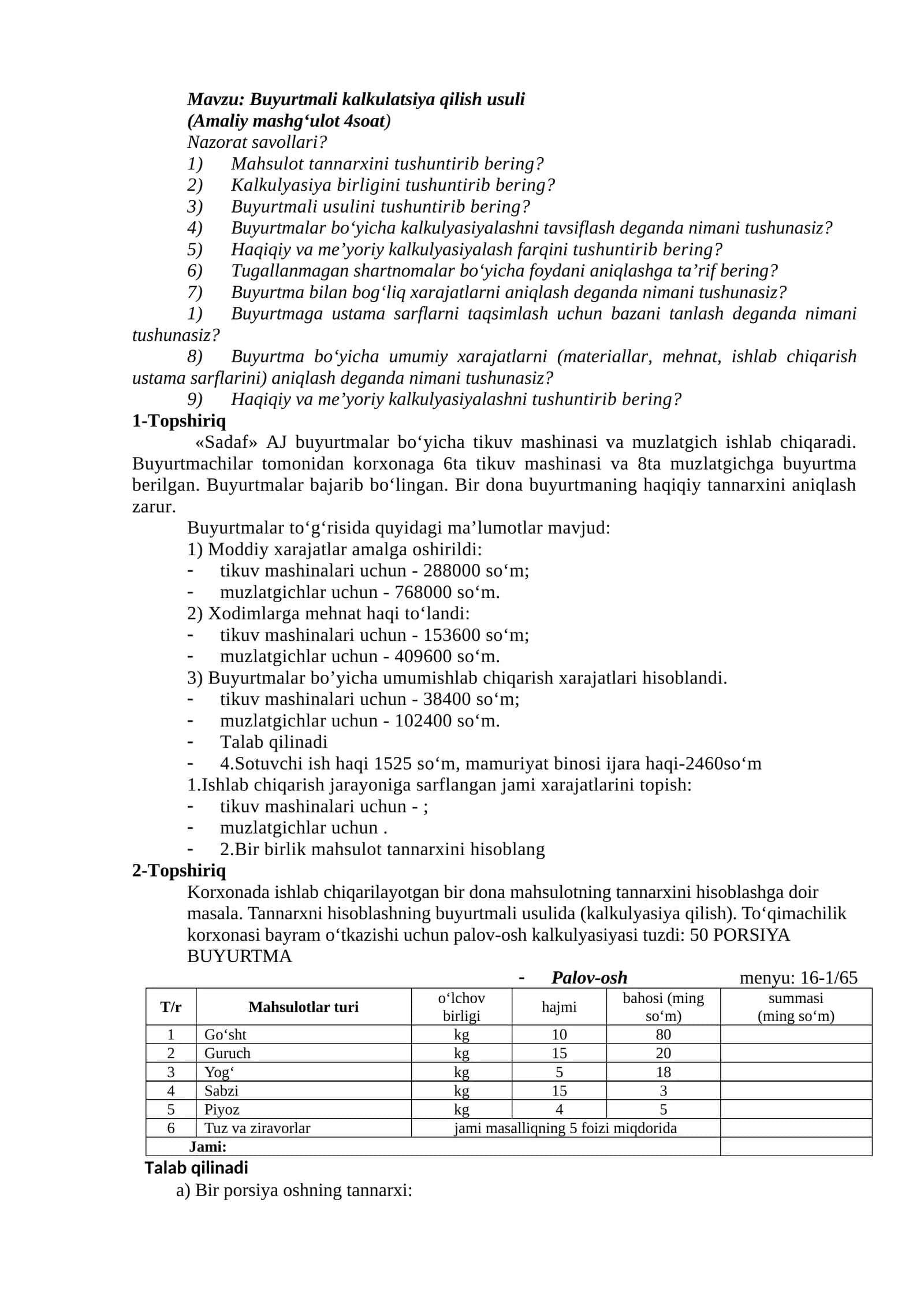 Buyurtmali kalkulatsiya qilish usuli