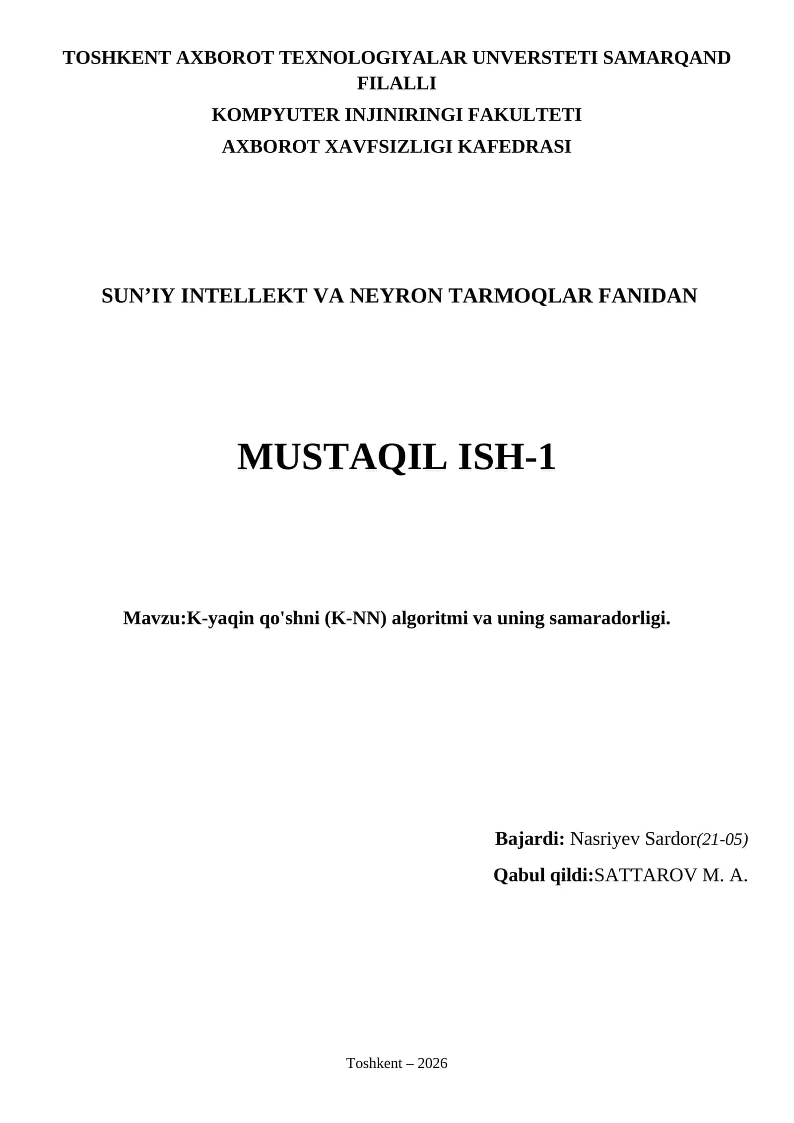 K-yaqin qo'shni (K-NN) algoritmi va uning samaradorligi
