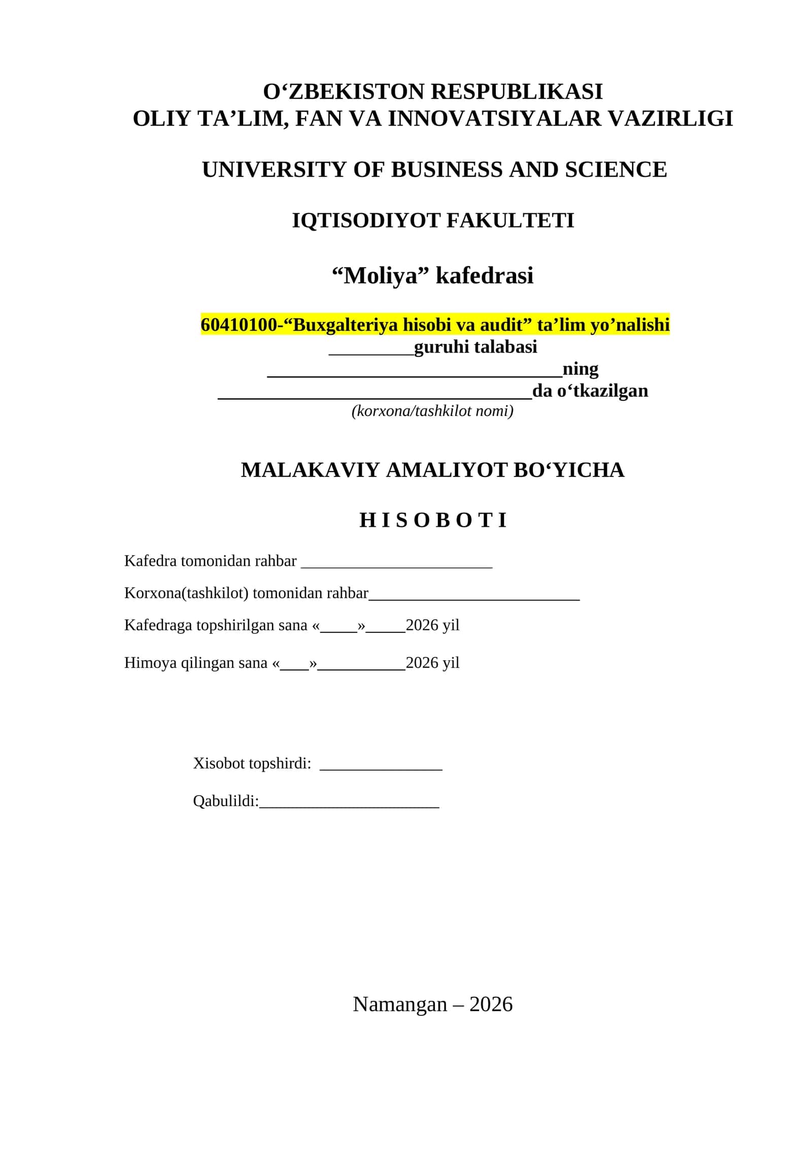 Buxgalteriya hisobi va audit ta’lim yo’nalishi