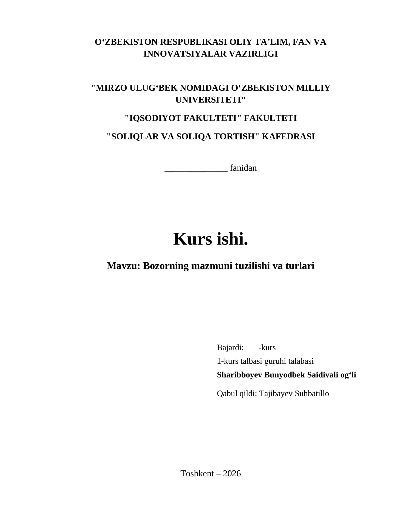 Bozorning mazmuni tuzilishi va turlari
