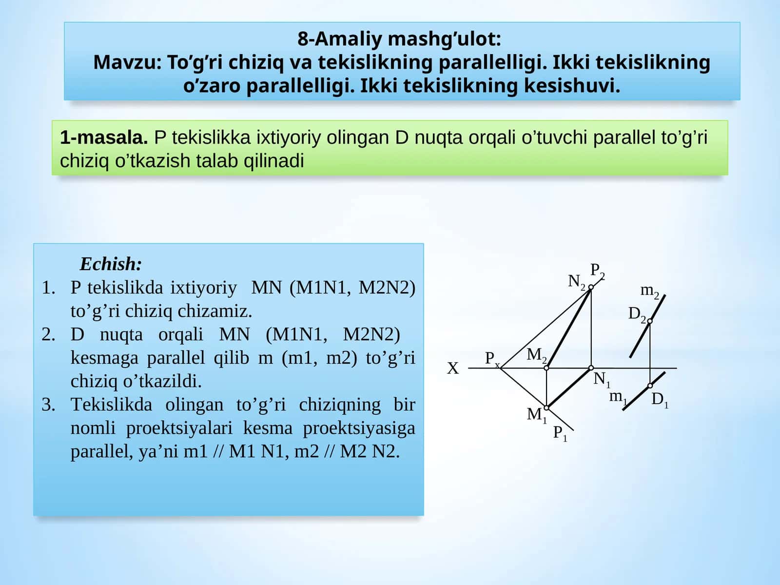 To’g’richiziqvatekislikningparallelligi.Ikkitekislikningo’zaroparallelligi.Ikkitekislikningkesishuvi