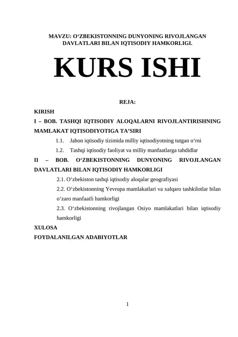 O‘zbekistonning Dunyoning Rivojlangan Davlatlari Bilan Iqtisodiy Hamkorligi