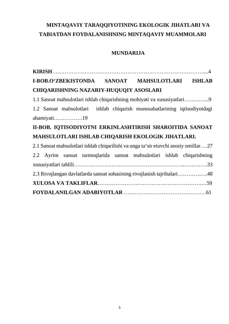 MINTAQAVIY TARAQQIYOTINING EKOLOGIK JIHATLARI VA TABIATDAN FOYDALANISHNING MINTAQAVIY MUAMMOLARI