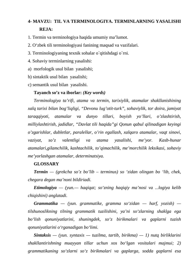 TILVA TERMINOLOGIYA. TERMINLARNING YASALISHI