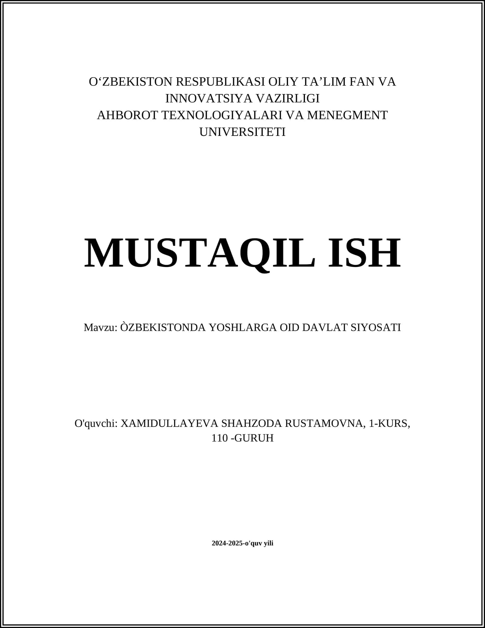 ÒZBEKISTONDA YOSHLARGA OID DAVLAT SIYOSATI