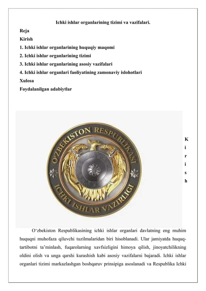 Ichki ishlar organlarining tizimi va vazifalari