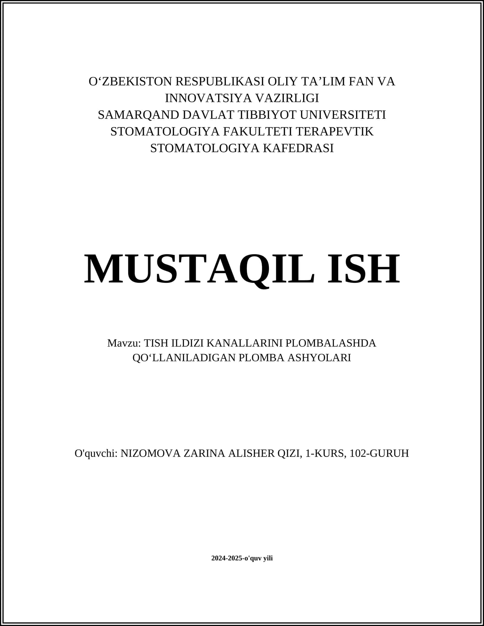 TISH ILDIZI KANALLARINI PLOMBALASHDA QOʻLLANILADIGAN PLOMBA ASHYOLARI