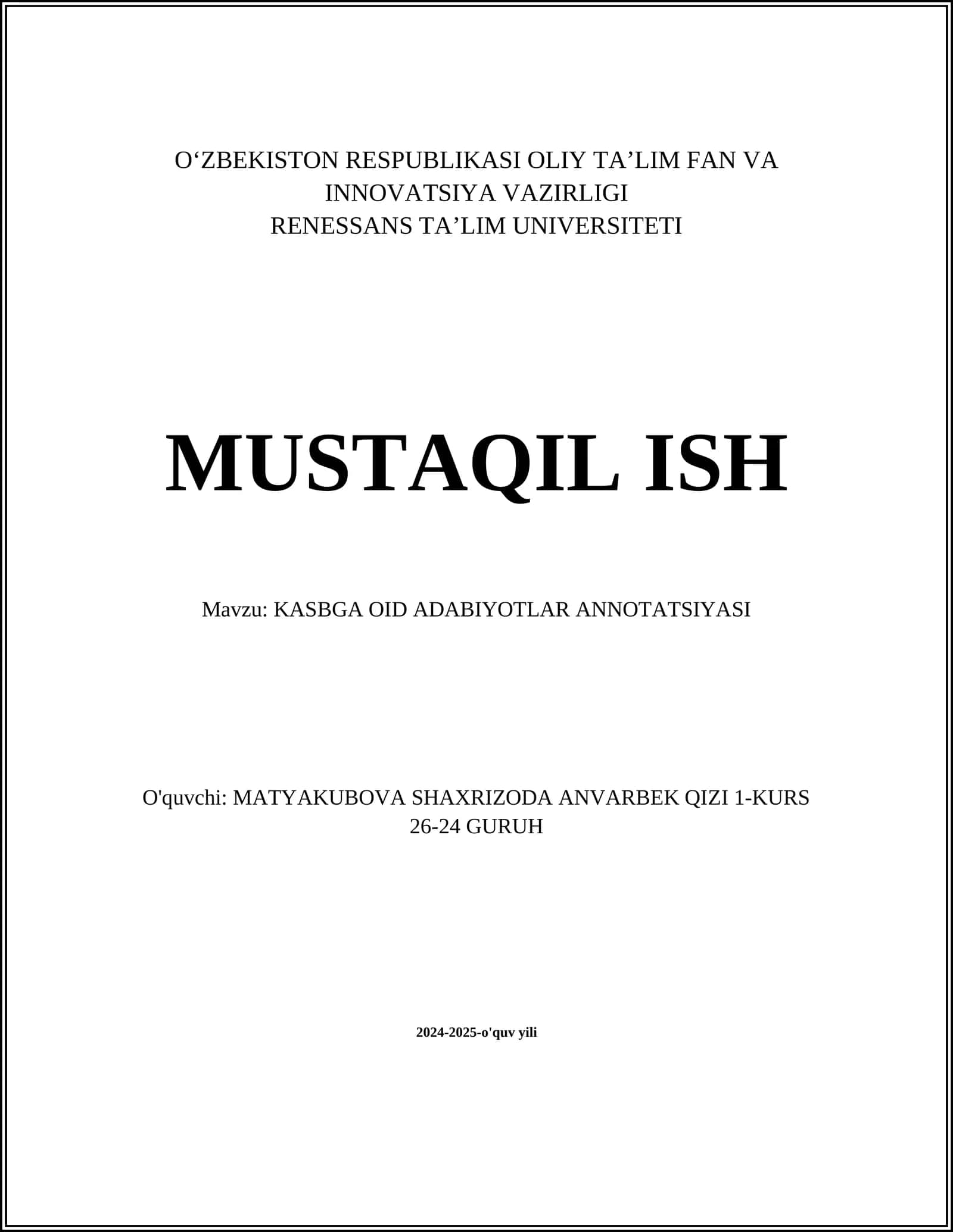 KASBGA OID ADABIYOTLAR ANNOTATSIYASI