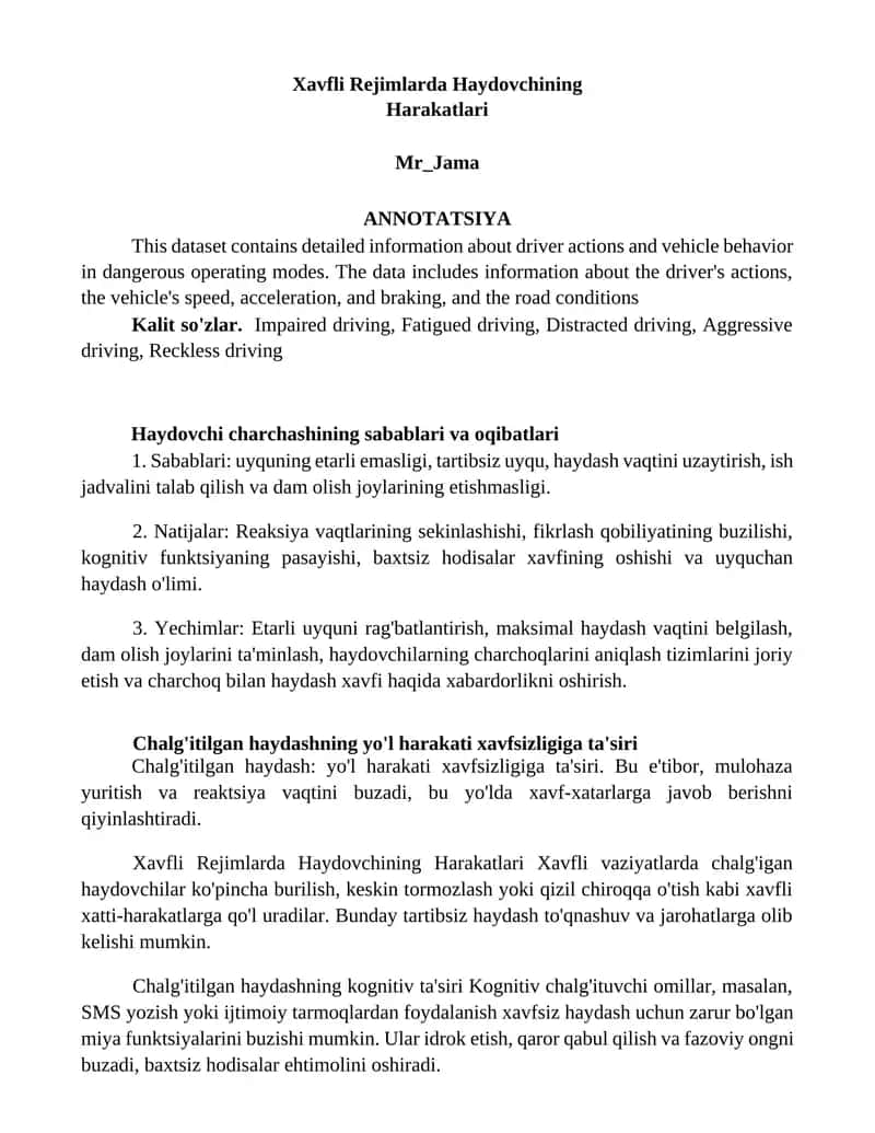 Xavfli Rejimlarda Haydovchining Harakatlari