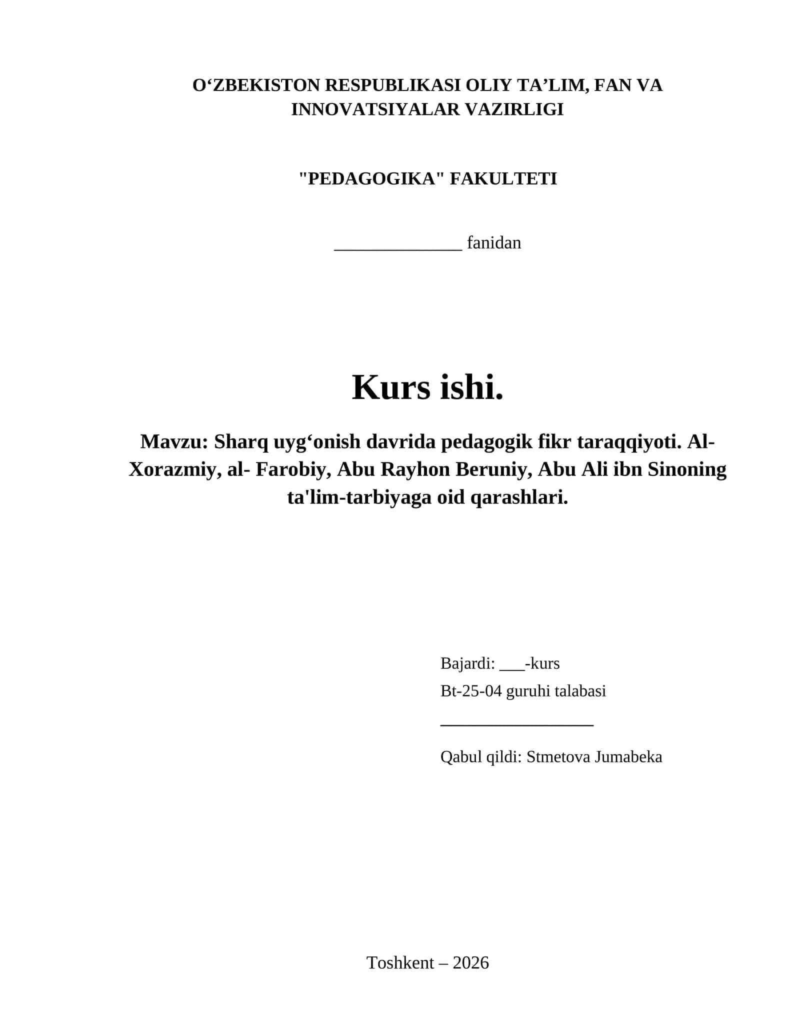 Sharq uygʻonish davrida pedagogik fikr taraqqiyoti. Al-Xorazmiy, al- Farobiy, Abu Rayhon Beruniy, Abu Ali ibn Sinoning ta'lim-tarbiyaga oid qarashlari.