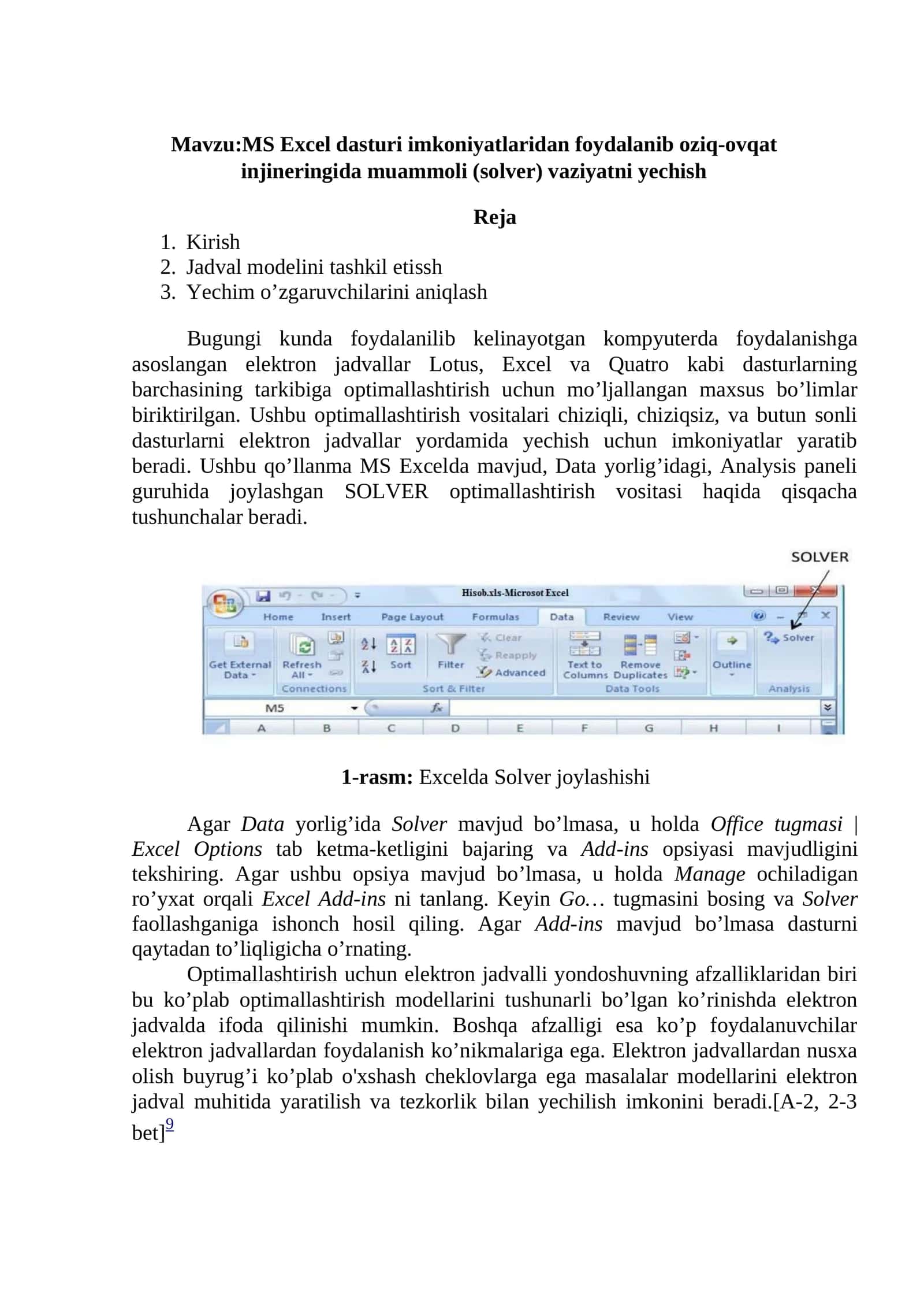 MS Excel dasturi imkoniyatlaridan foydalanib oziq-ovqat injineringida muammoli (solver) vaziyatni yechish